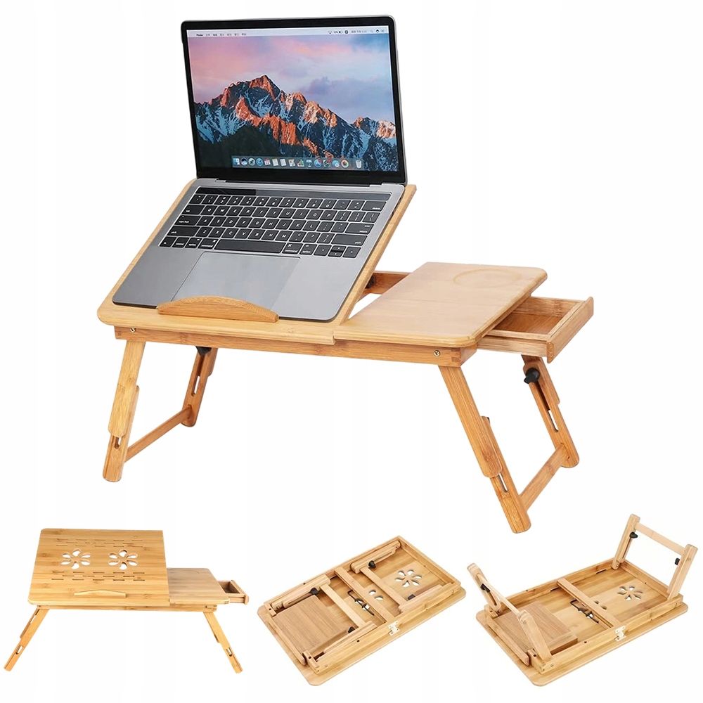 Skládací stolek pod notebook z bambusu s nastavitelnou výškou a zásuvkou
