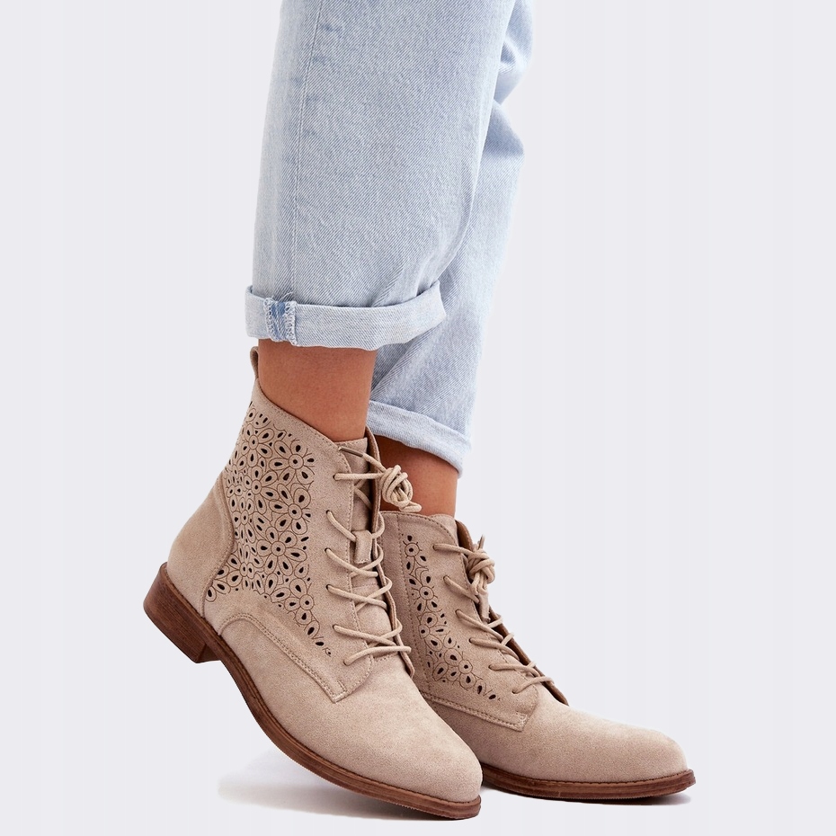 Botki Damskie Wygodne Modne Ażurowe Mocne Fajne Kowbojki Beżowe 37 Rozmiar 37