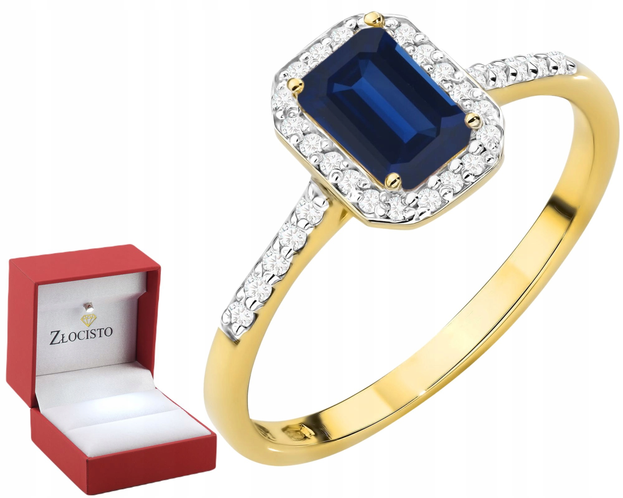 Złoty Pierścionek Diamenty I Kamień Naturalny Szafir 585 Grawer