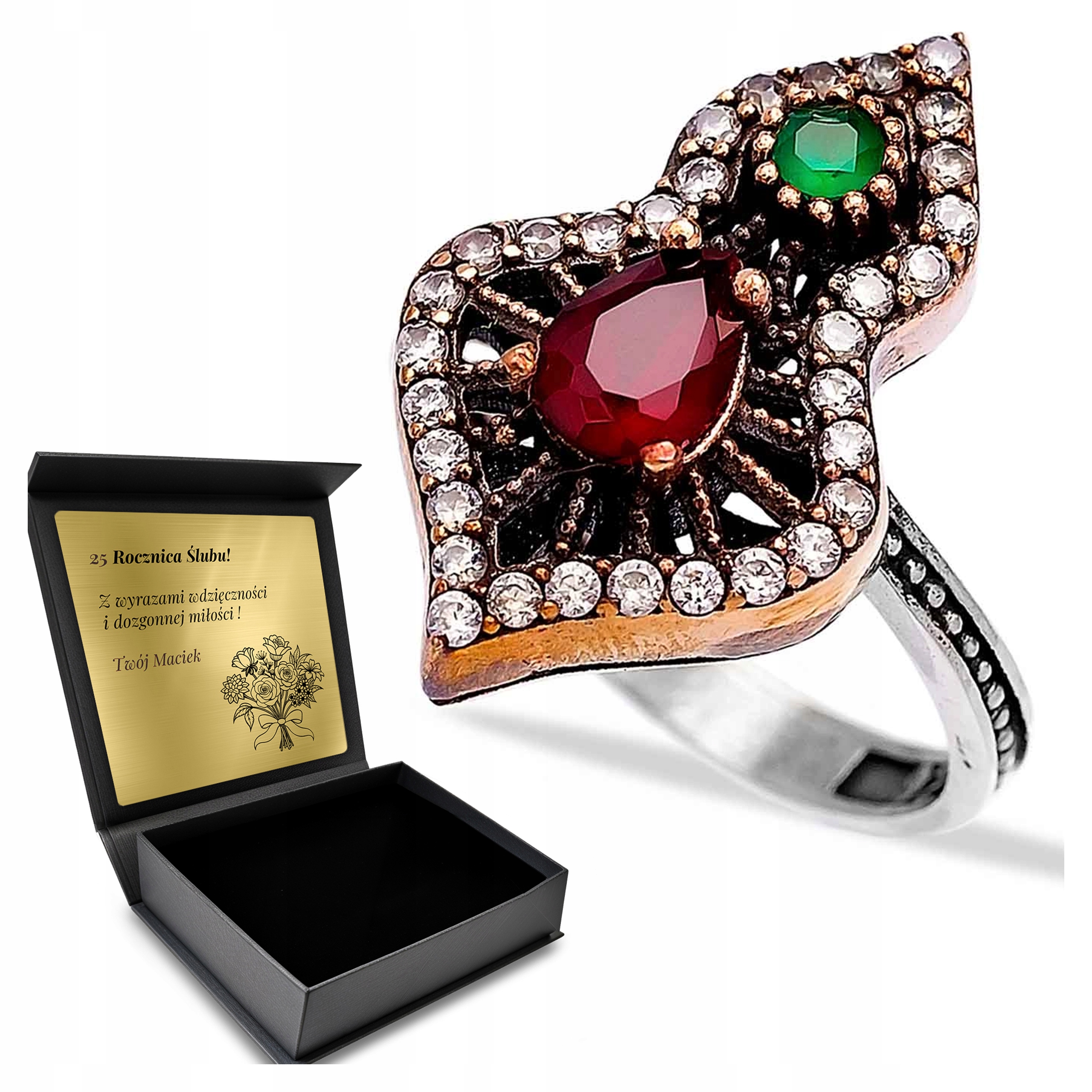 Prstýnek Srerbny 925 Zirkony Smaragd Granátové Šperky Gravírování Bonus