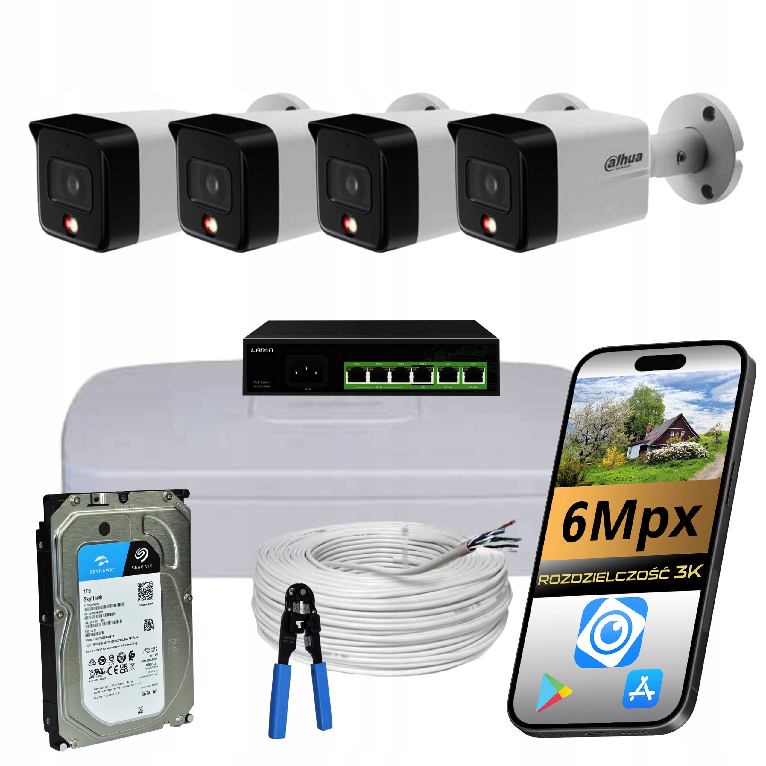 Sada Pro Monitroing Dahua 4x Kamera Ip PoE 6MPX Dual Led Barva Kompletní