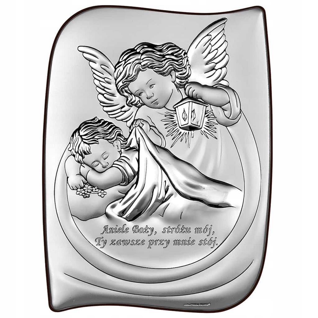 Obrazek srebrny Anioł Stróż Pamiątka Chrztu roczek Stan opakowania oryginalne