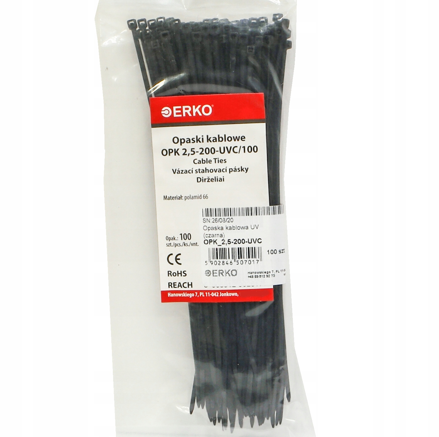 

opaska zaciskowa czarna Opk 200 2,5 100szt Uv Erko