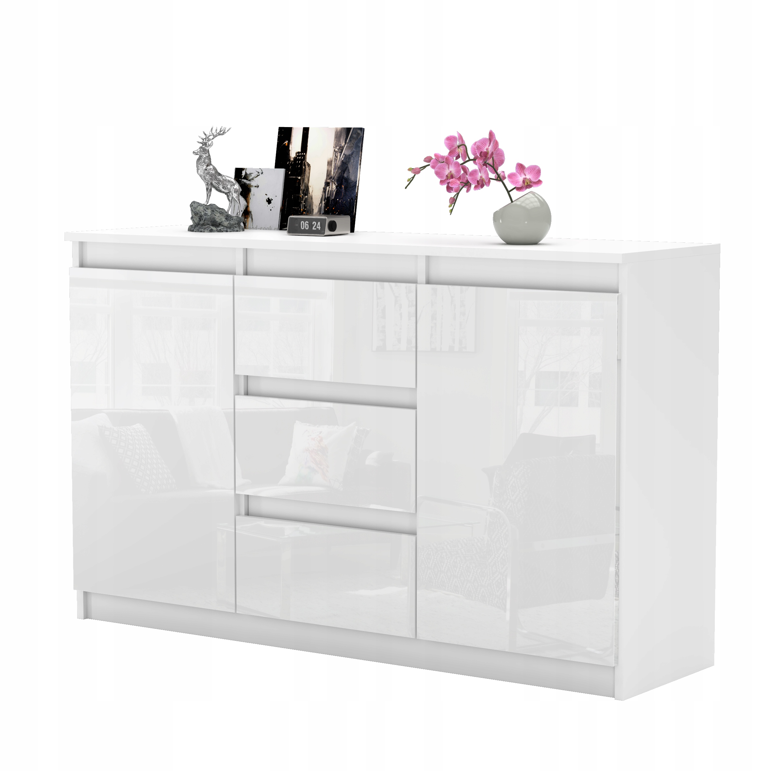 Komoda AGA 120CM BIAŁA/BIAŁY POŁYSK Pojemna Szafka 3 Szuflady MIX KOLORÓW Kolekcja Komoda Bezuchwytowa