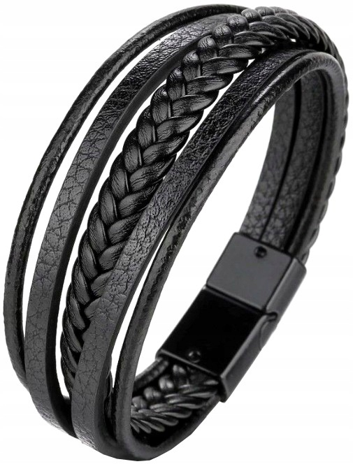 

Męska Skórzana Bransoletka stal szlachetna czarna