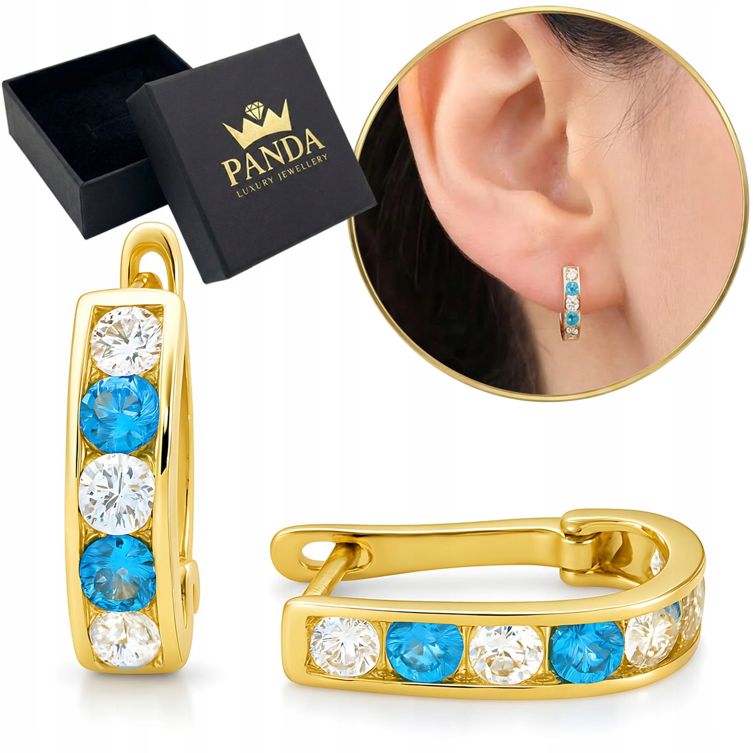 Zlaté Náušnice 585 Anglické modré očka Zirkony Dárek pro dceru