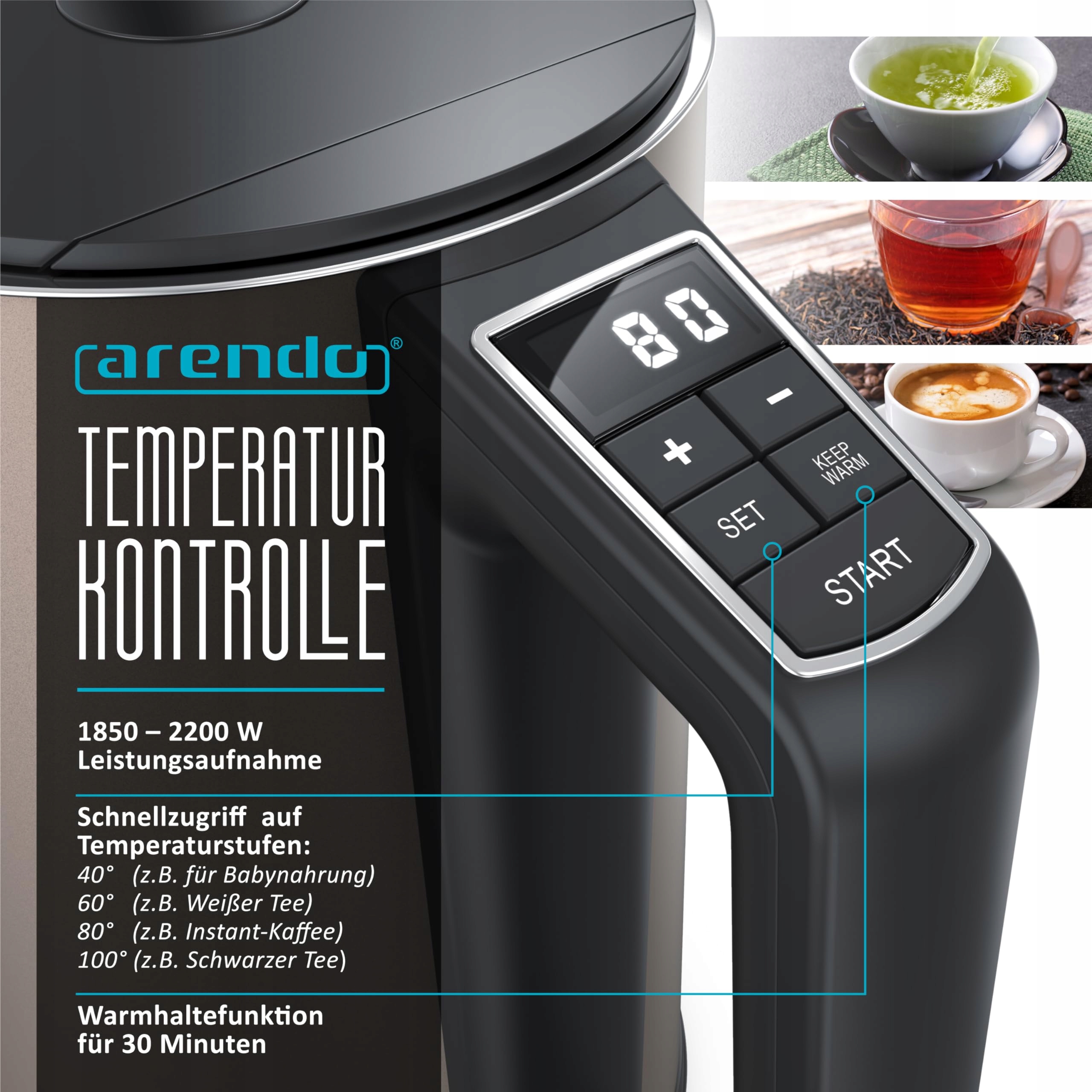 ARENDO Czajnik Elektryczny Stalowy 1,5L 2200W Regulacja Temperatury 40-100C — miniatura 3