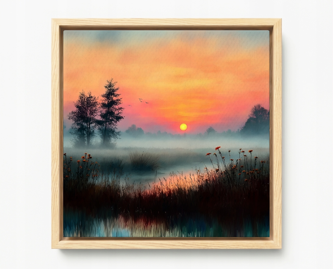 Obraz Rám Americký Box Východ Slunce Jezero Mlha Příroda Květiny 50x50