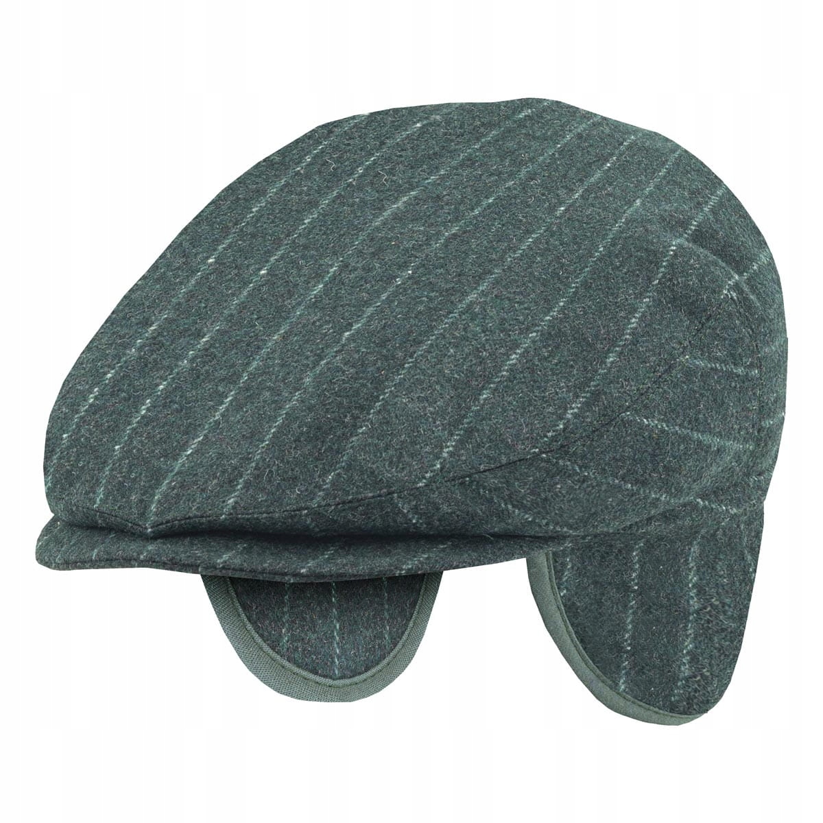 Vlněný klobouček s náušníky Hariss Tweed Peaky s proužky lahvově zelená barva