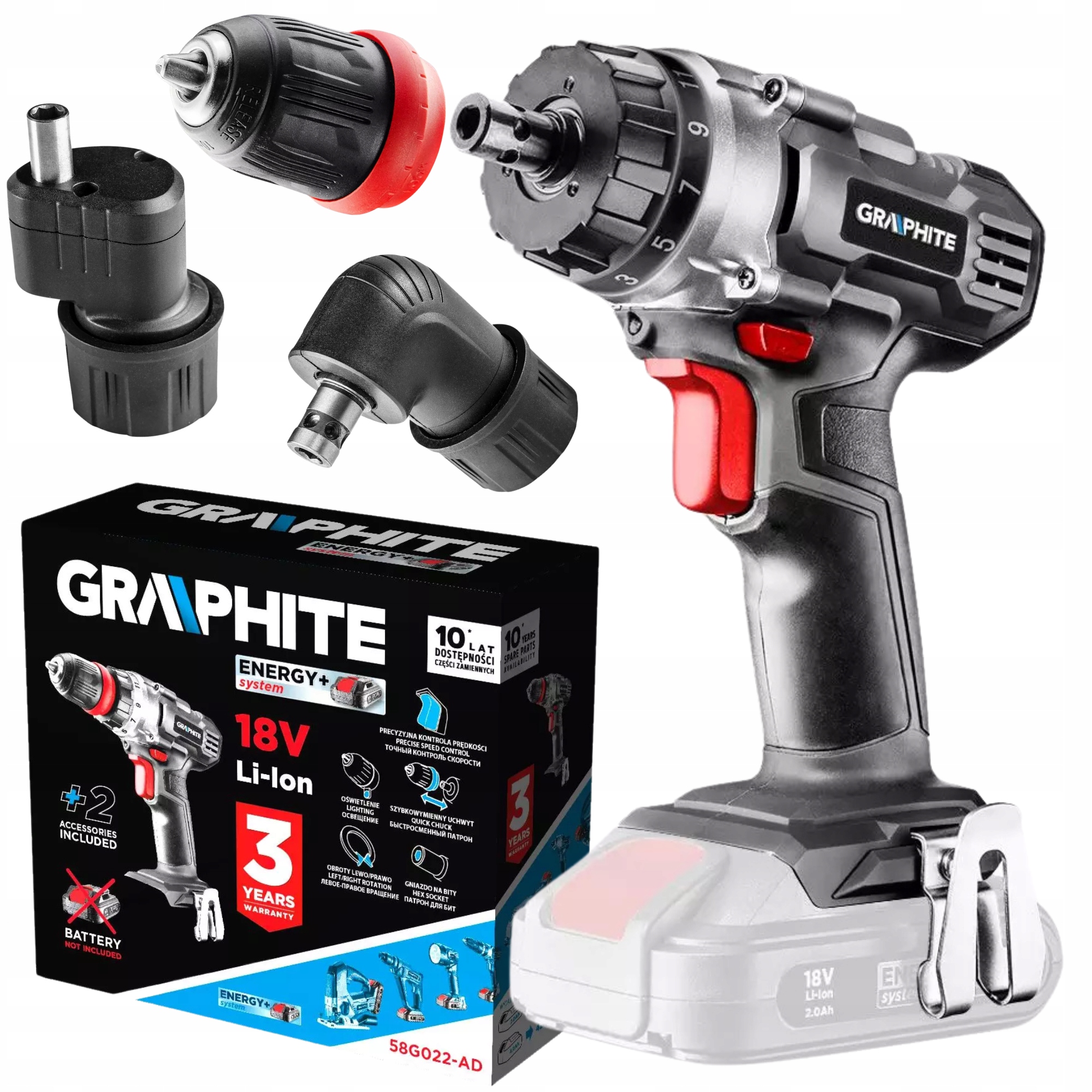 Graphite Wiertarko Wkrętarka Akumulatorowa 18V Energy 3 Adaptery