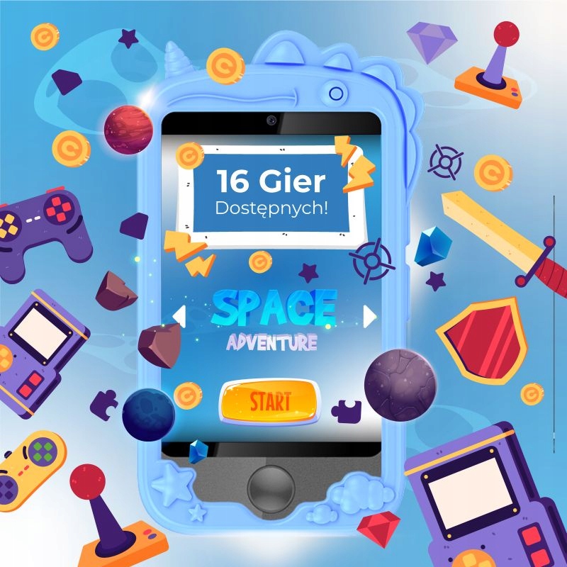 TELEFON DLA DZIECI ROZMOWY GRY ZEGAREK APARAT KAMERA LATARKA MUZYKA Kolor niebieski