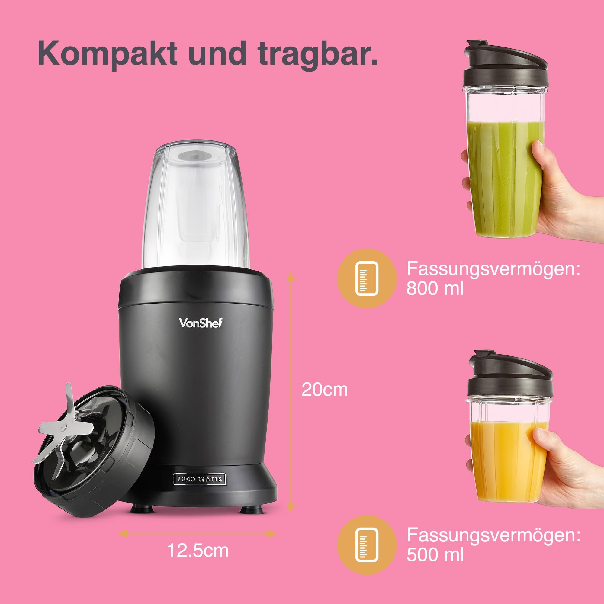 VONSHEF Mikser Smoothie Maker Do Owoców Warzyw i Lodu 1000W 500ml 800ml — miniatura 2