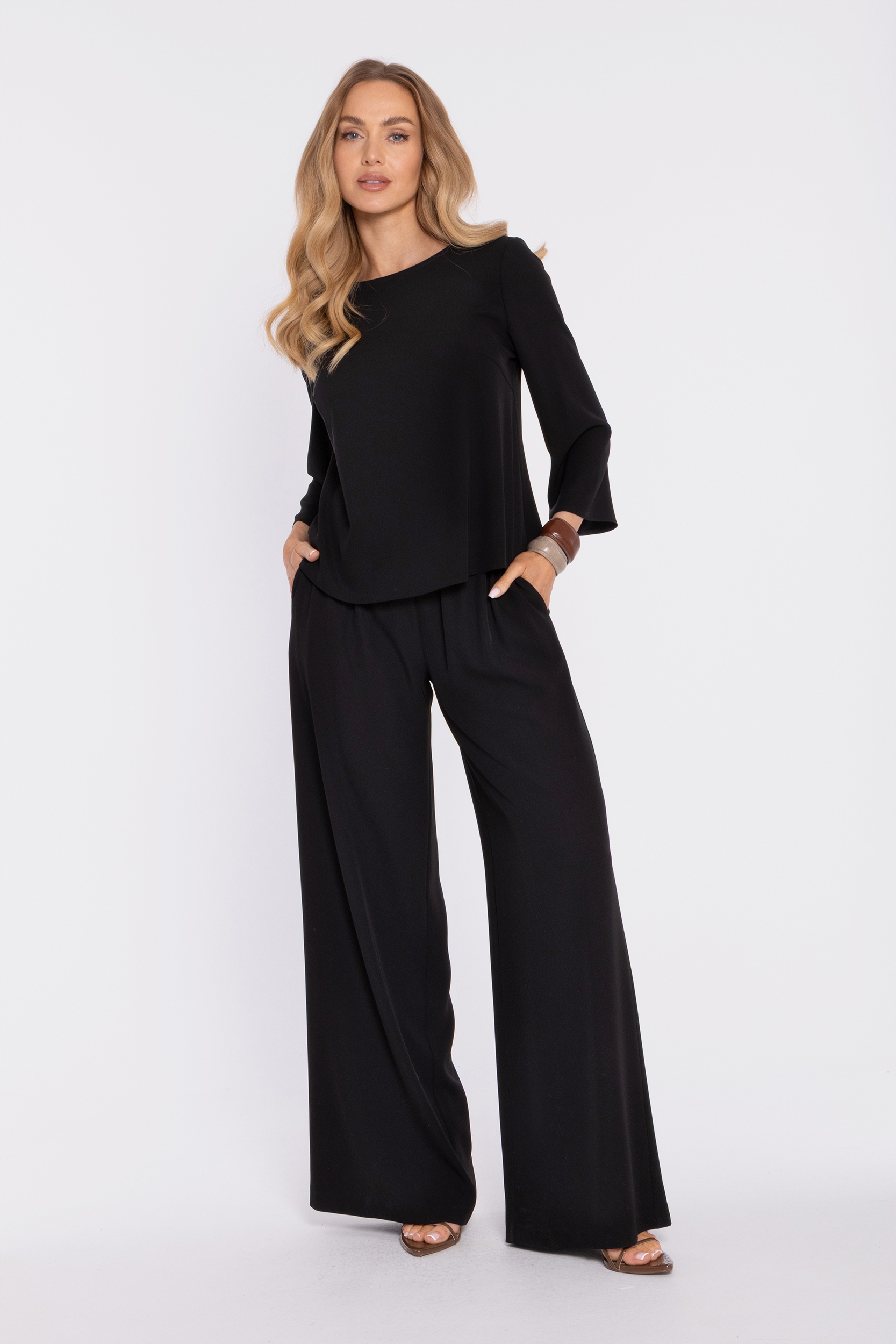 Dámské Kalhoty Elegantní Dlouhé Pallazzo Pohodlné Černé 42 XL