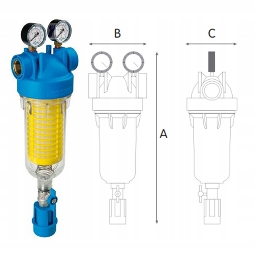Samoczyszczący filtr wody z manometrami Hydra GW1 Kolor dominujący niebieski
