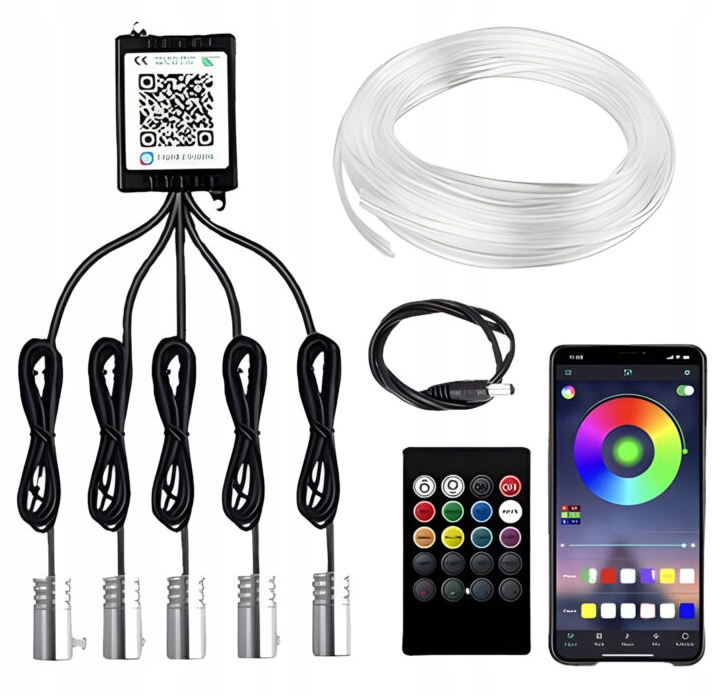 ZESTAW OŚWIETLENIA DO WNĘTRZA AUTA ŚWIATŁOWÓD AMBIENTE RBG 7M APLIKACJA Stan opakowania oryginalne