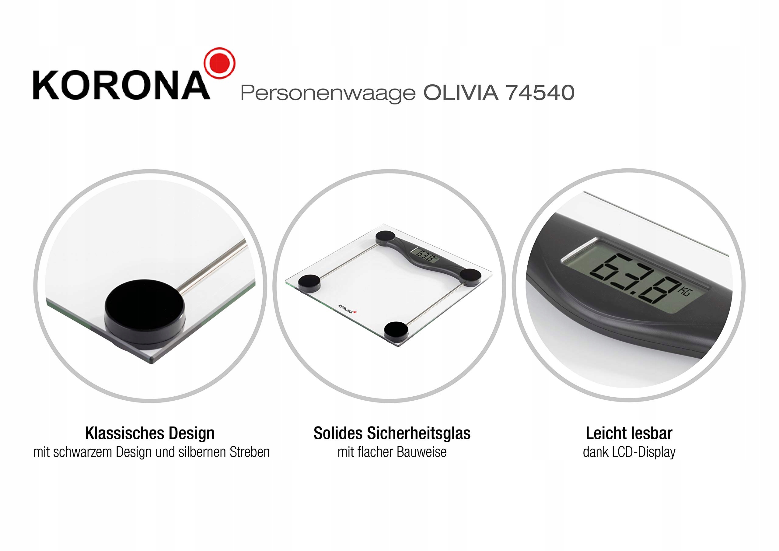 KORONA Waga Łazienkowa OLIVIA 180kg LCD Wyświetlacz Czarna — miniatura 5