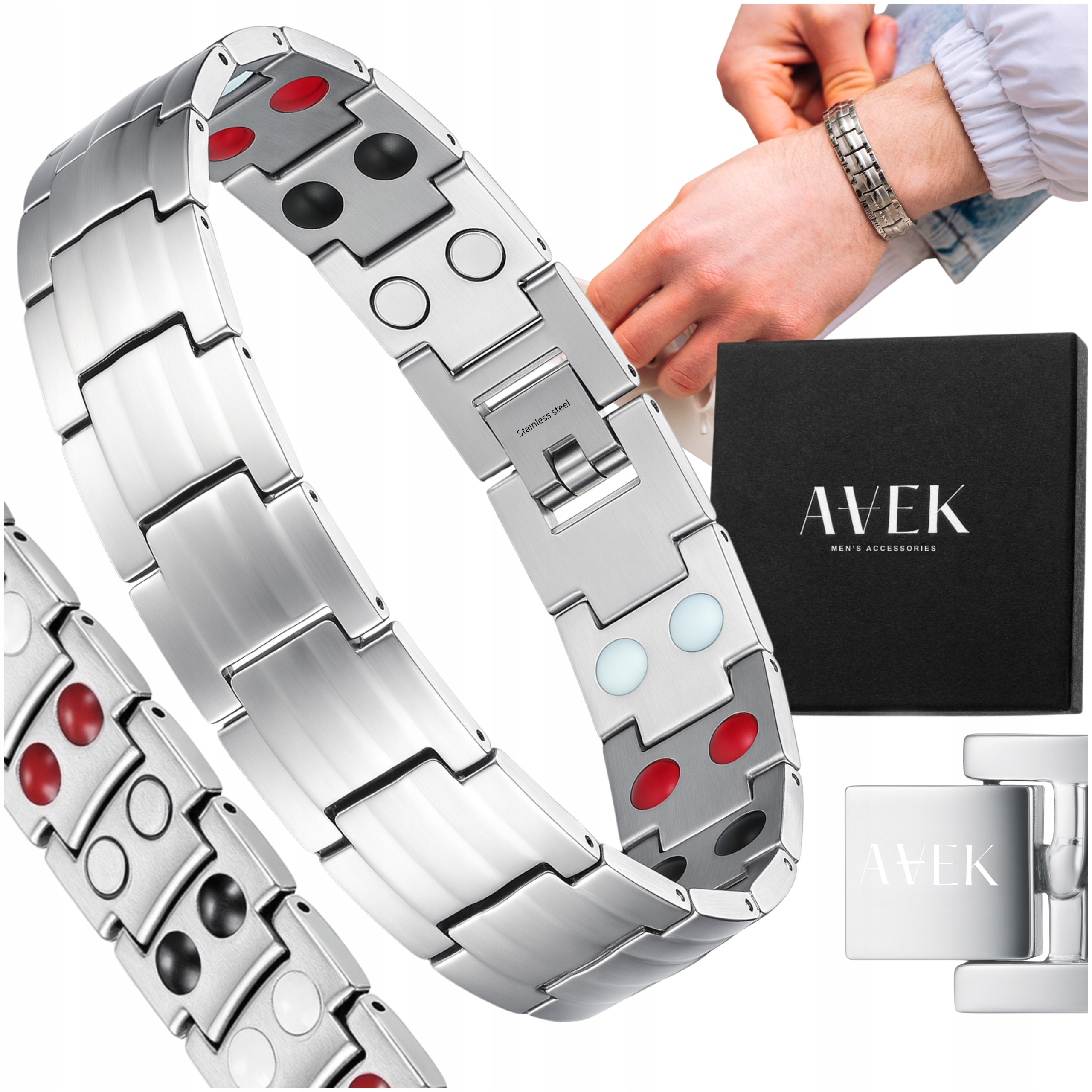 Pánský Náramek Ocelový Magnetický Stříbrný Zdravotní Náramek Jako Dárek 21,5 CM