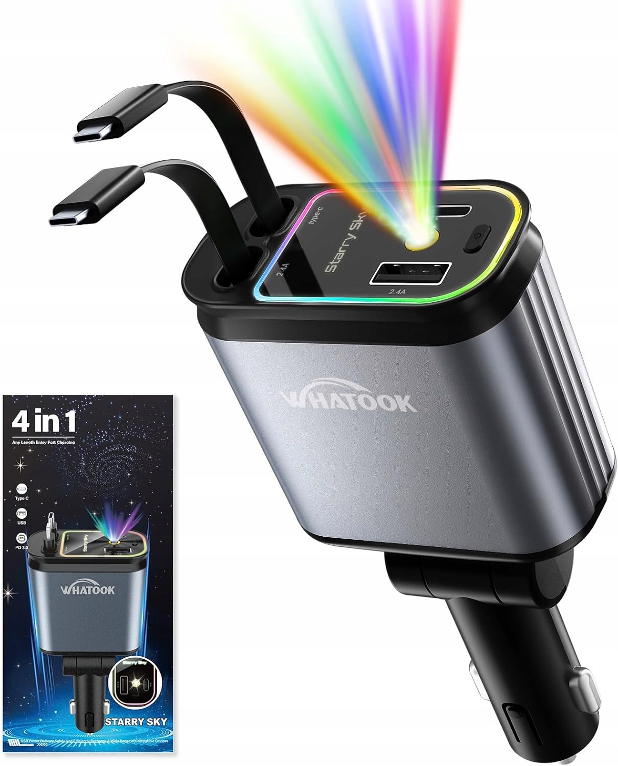 Whatook Ładowarka samochodowa 4w1 Usb-c 66W szybkie ładowanie Led