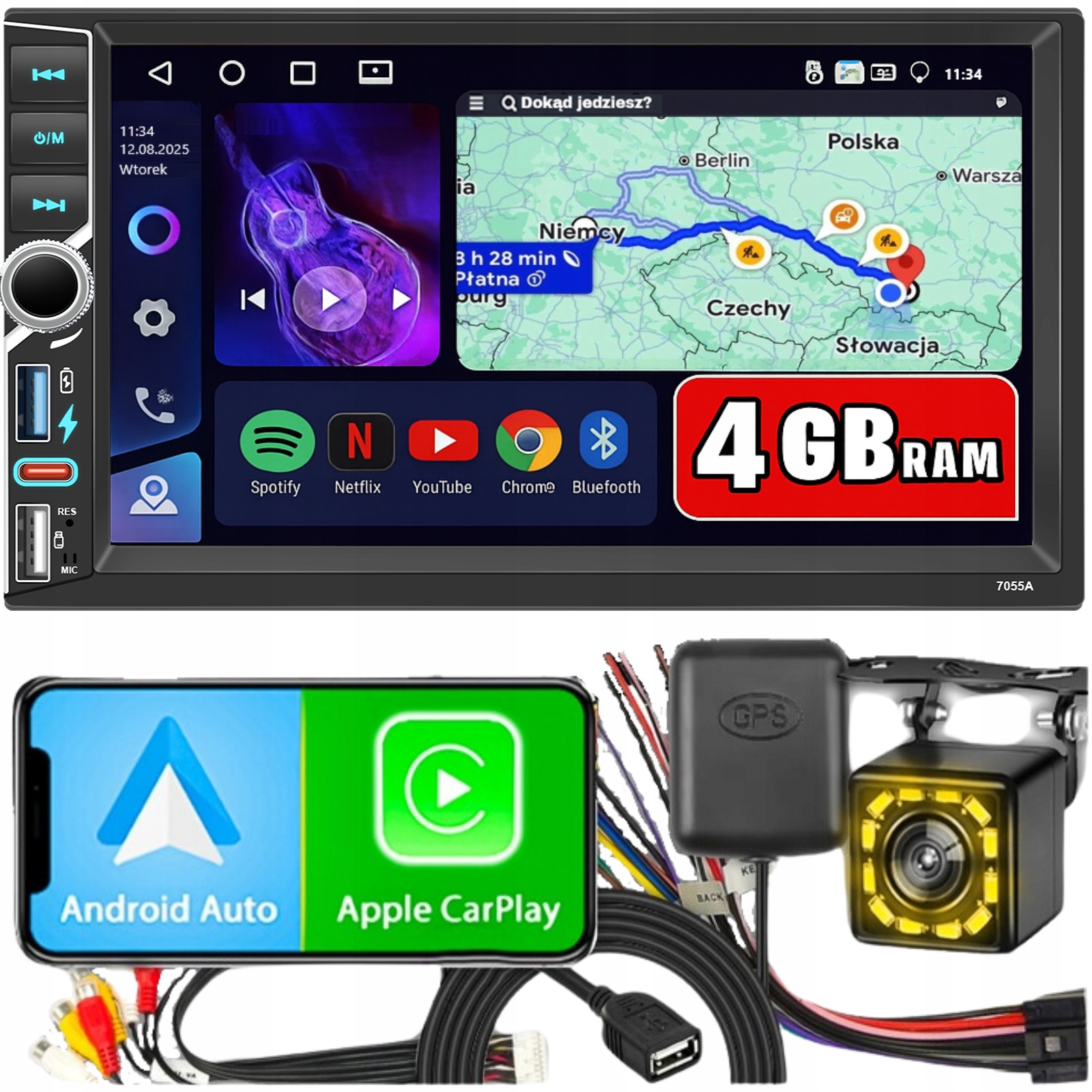 Autorádio 2 Din 4GB Ram Android Auto Carplay Android 15 Rds Dsp 7"