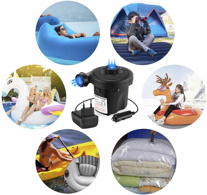 ELEKTRYCZNA POMPKA PIŁKI MATERACA BASENU 230V/12V + KOŃCÓWKI DO ROWERU AUTA Marka bez marki
