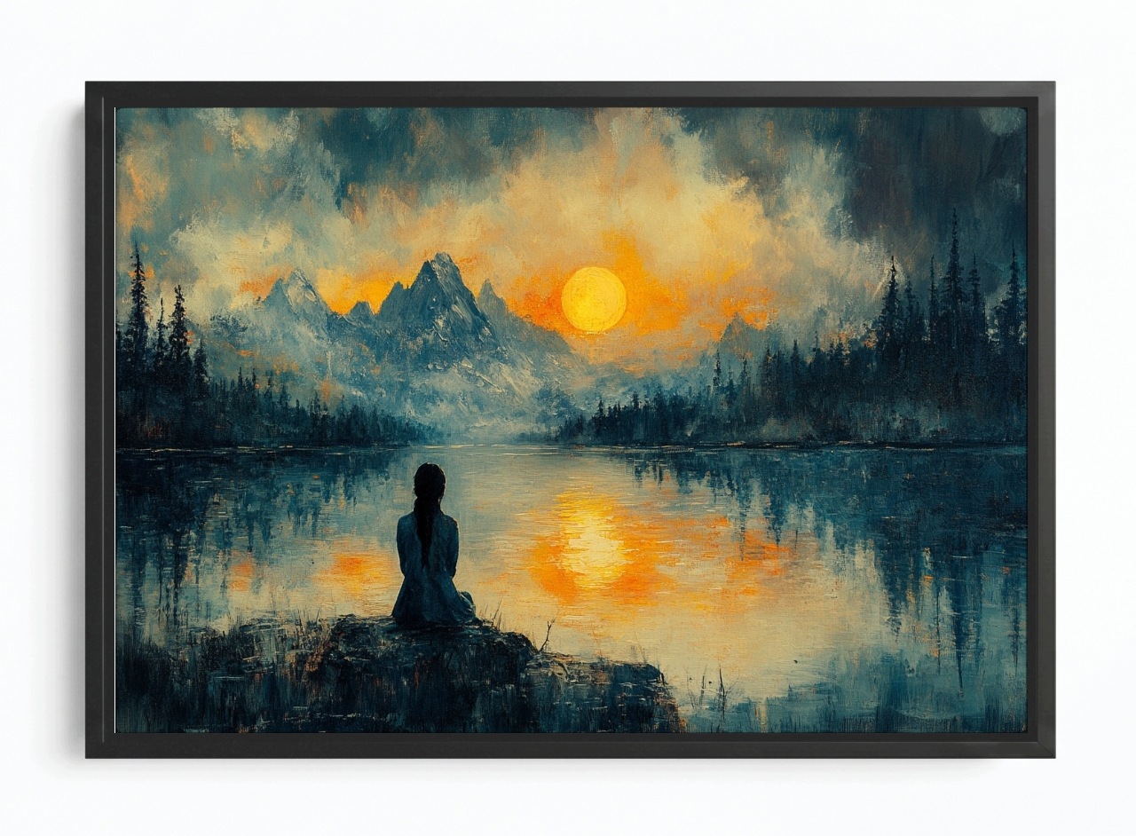 Obraz Rám Americký Box Krajina Hory Jezero Slunce Postava Meditace 60x40