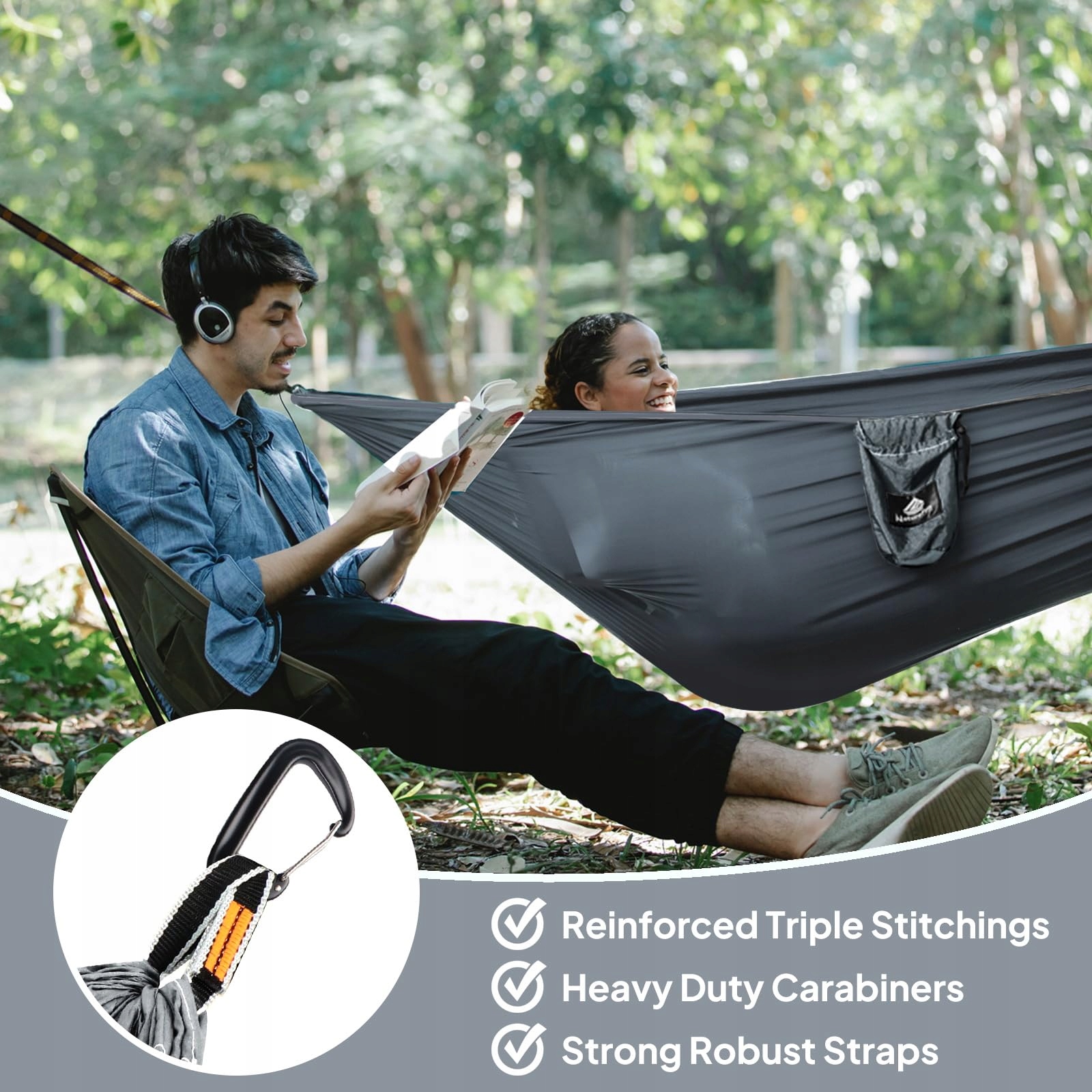 NATUREFUN Ultralekka Hamak Campingowy 300kg 300x200cm Nylon — miniatura 4
