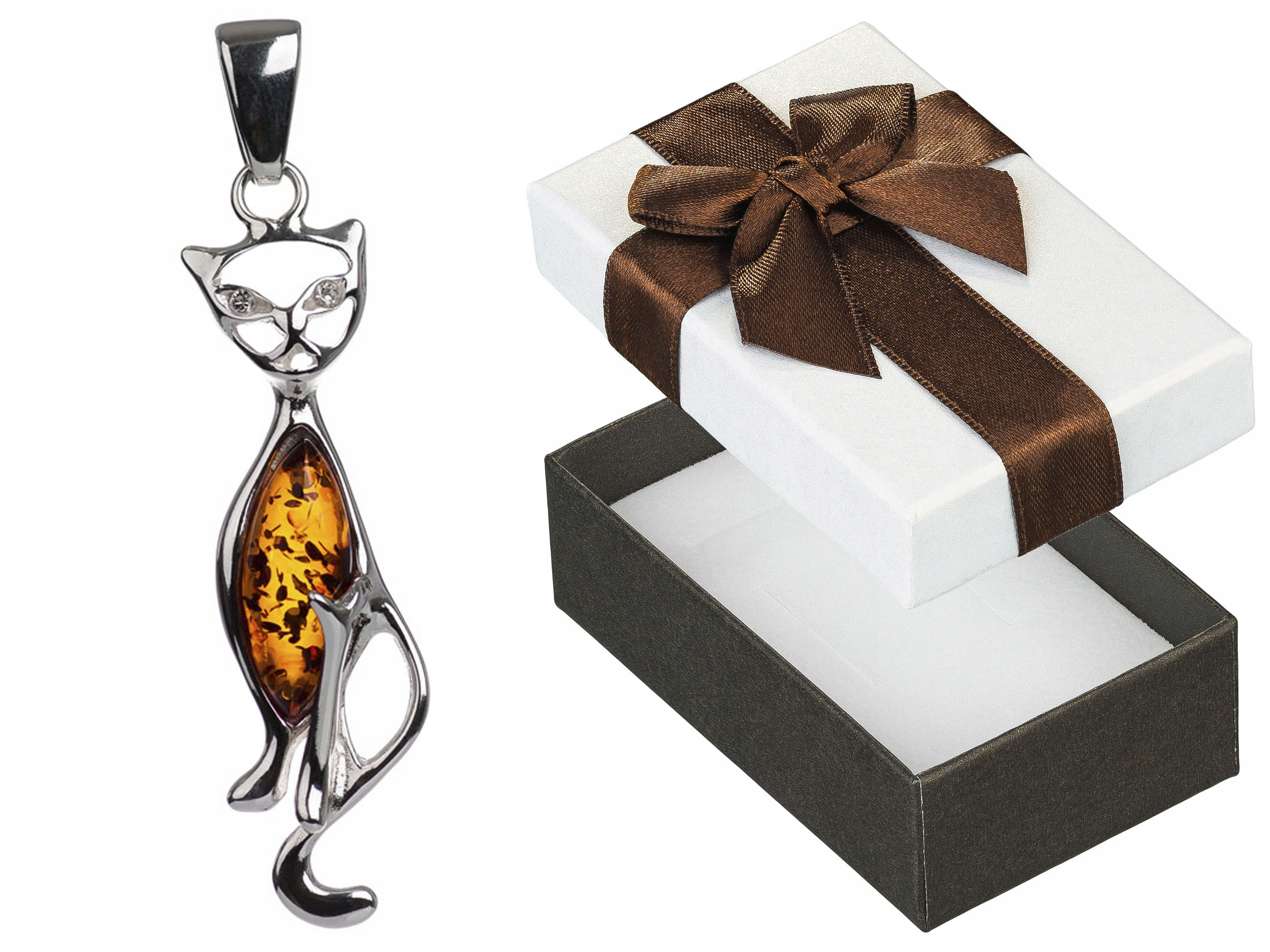 Stříbrný přívěsek Kočička s jantarem a zirkony Oxidovaný Přívěsek Kočka 925