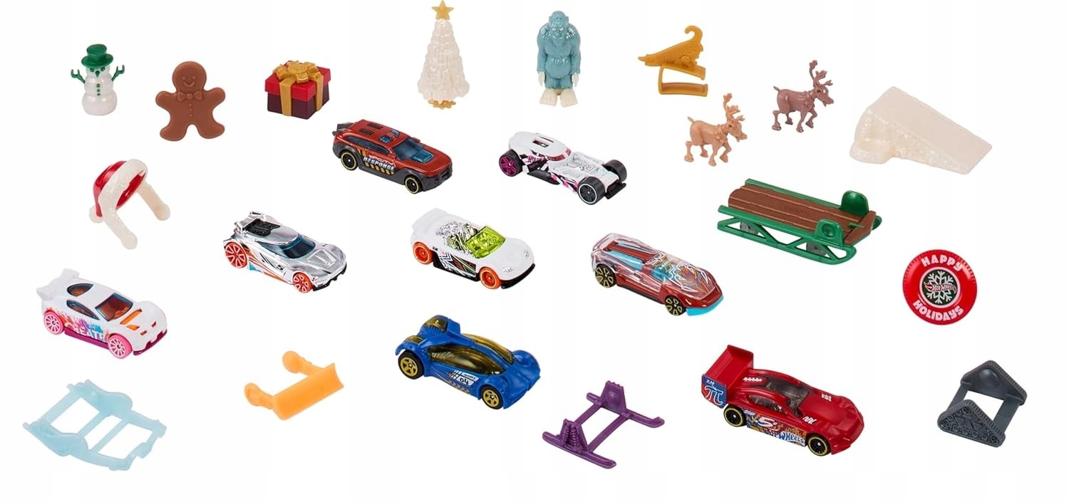 Адвент-календарь Hot Wheels 2025, 8 машинок, 16 зимних аксессуаров и игровой коврик, от 3 лет — фото 5