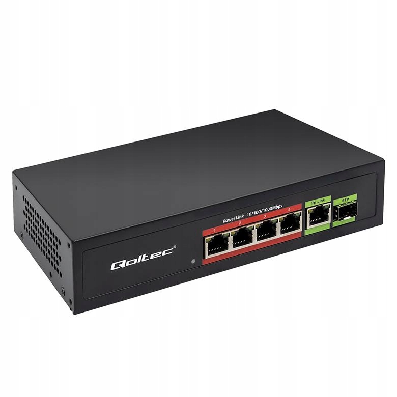 Qoltec Switch Přepínač Fast Ethernet 4X RJ45 Poe 1X Sfp Pro Napájení 65 W