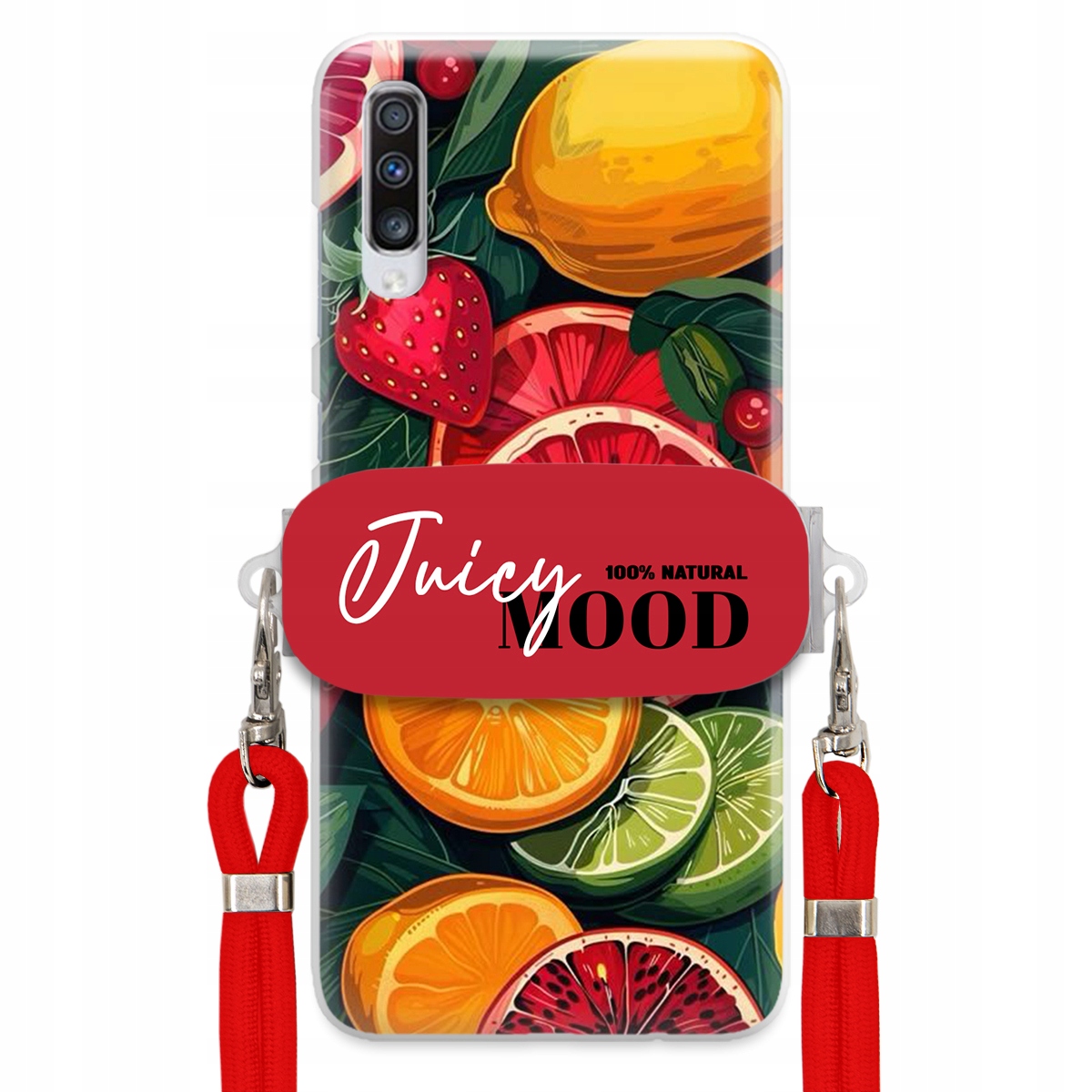Puzdro pre Samsung A70 Červené vodítko Crossbody Módny držiak Juice Mood Ovocie
