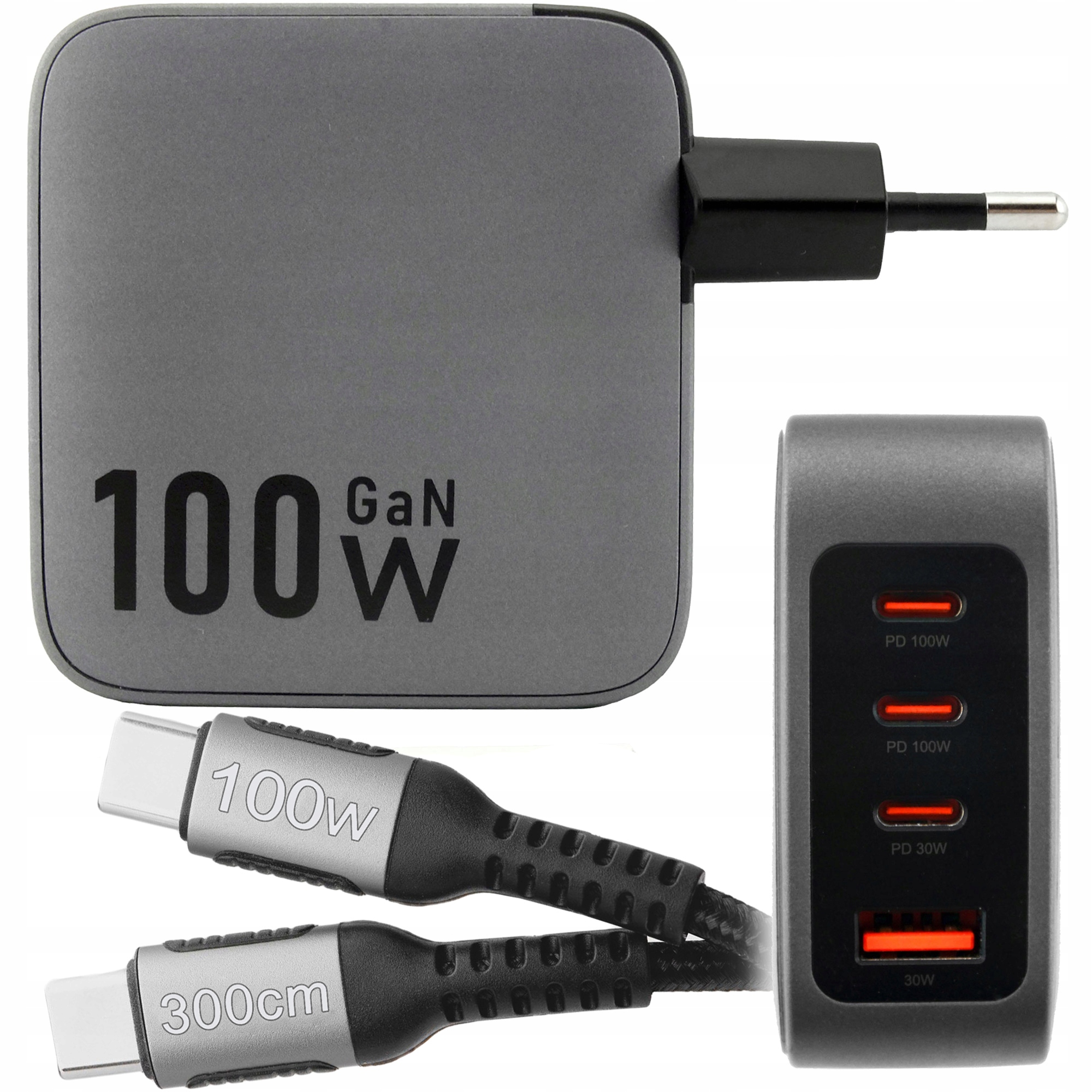 Szybka Ładowarka GaN 100W 3x Usb-c Usb Długi Kabel 3m do Laptopa Telefonu