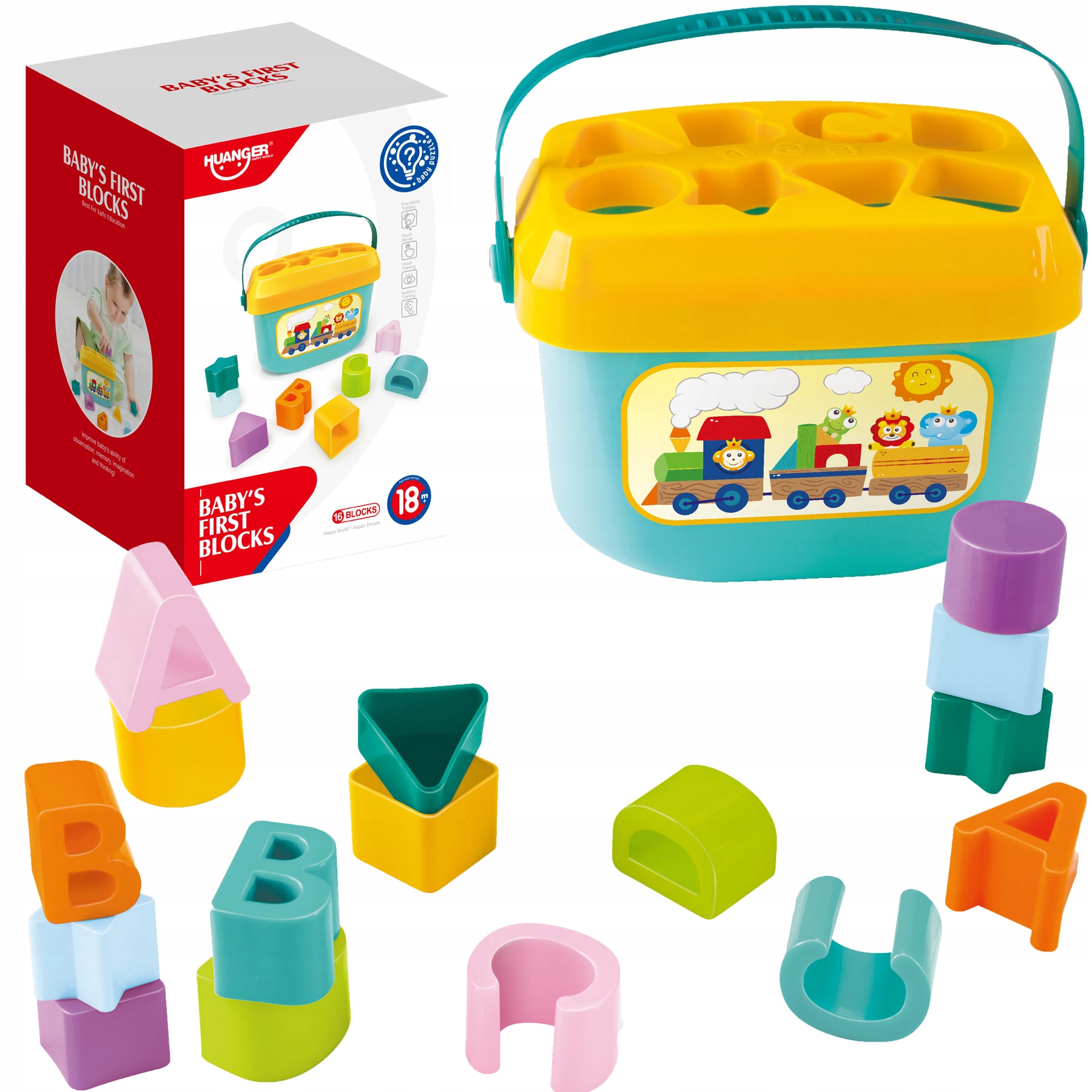 

Sorter dla dziecka klocki z wiaderkiem literki
