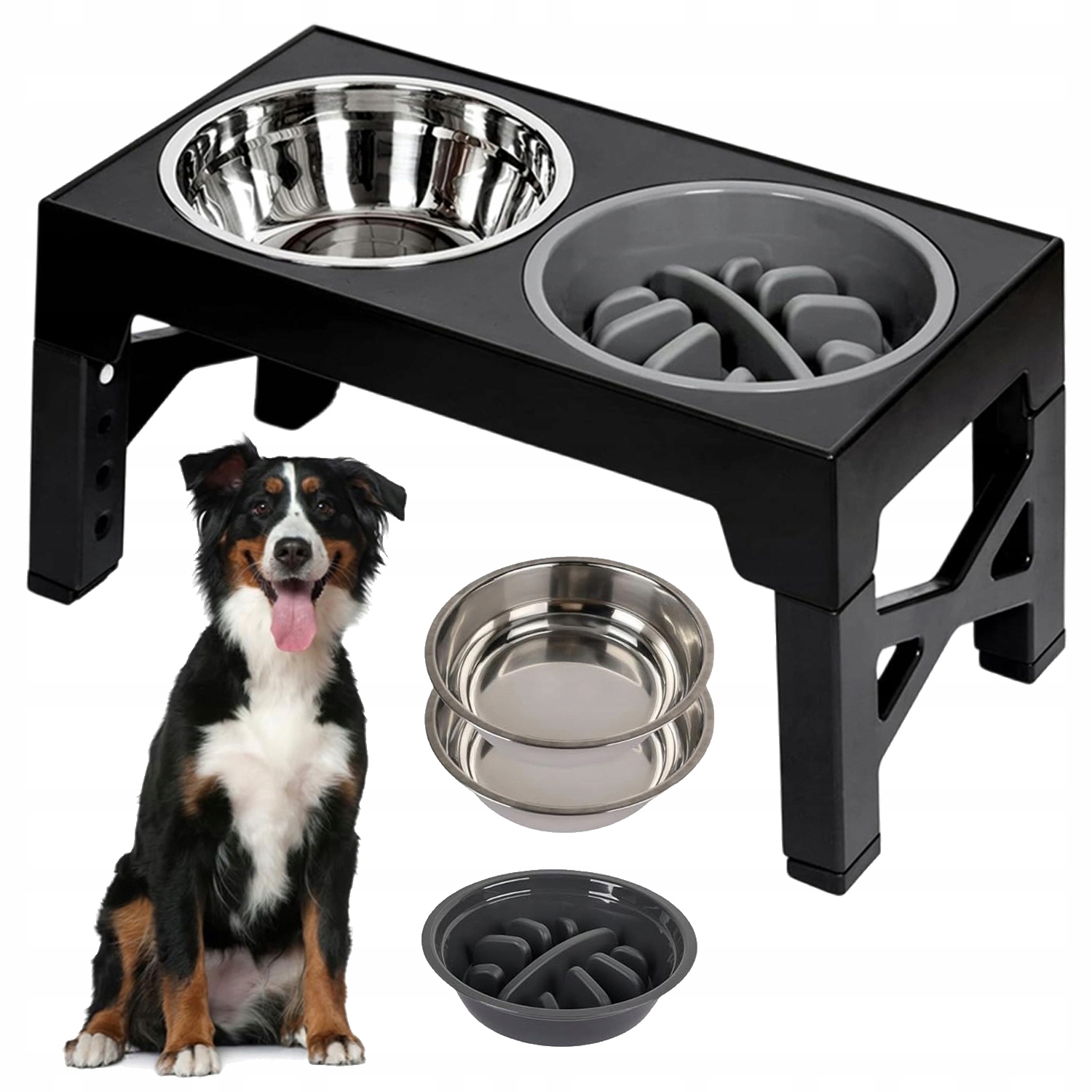 Levně 3V1 Miska Pro Psa Na Stojanu, Dvojitá, Nastavitelná, Zpomalovací Miska