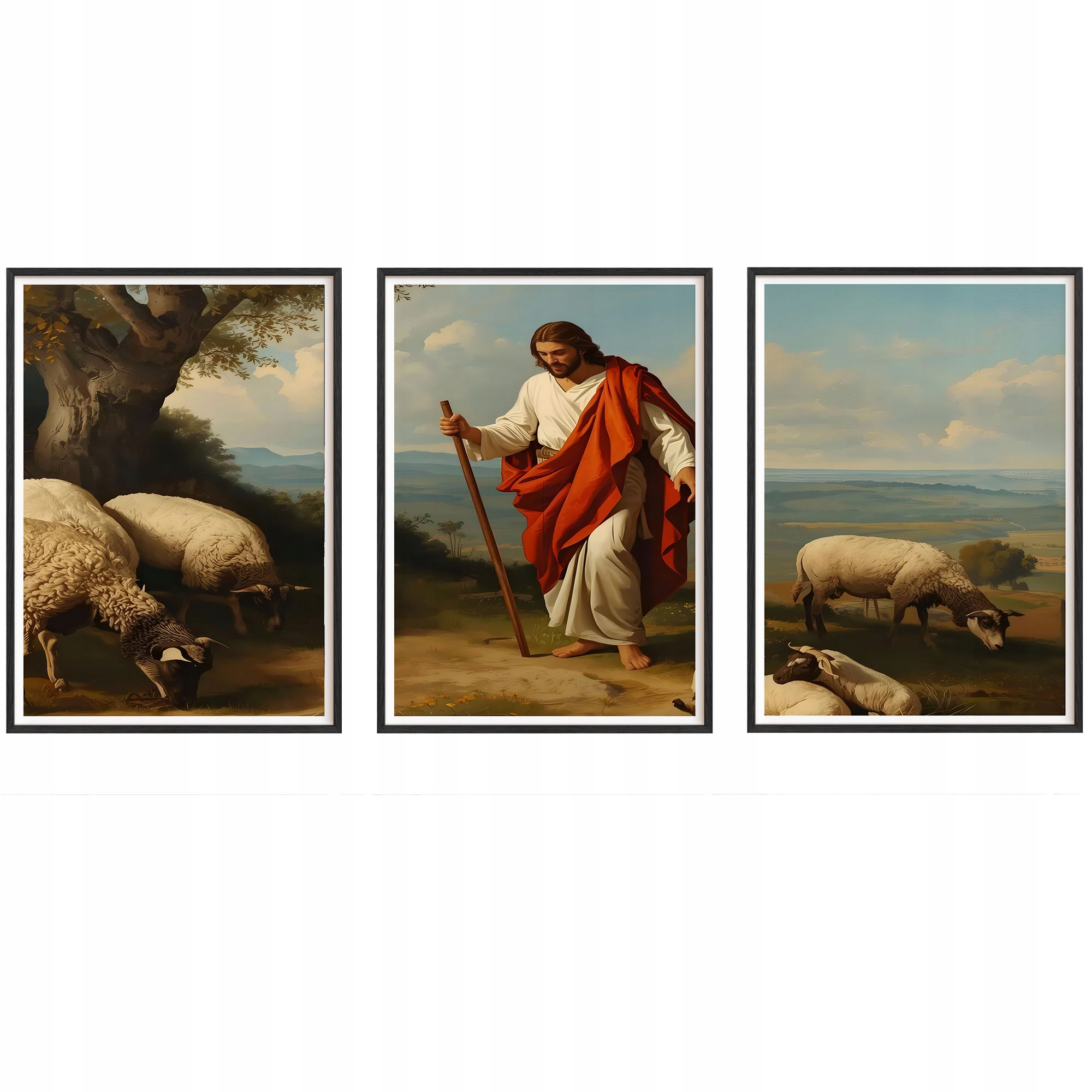 Obrazy Ježiš Pastier Náboženské Plagáty Drevené rámy Čierne 3ks 30x42 cm