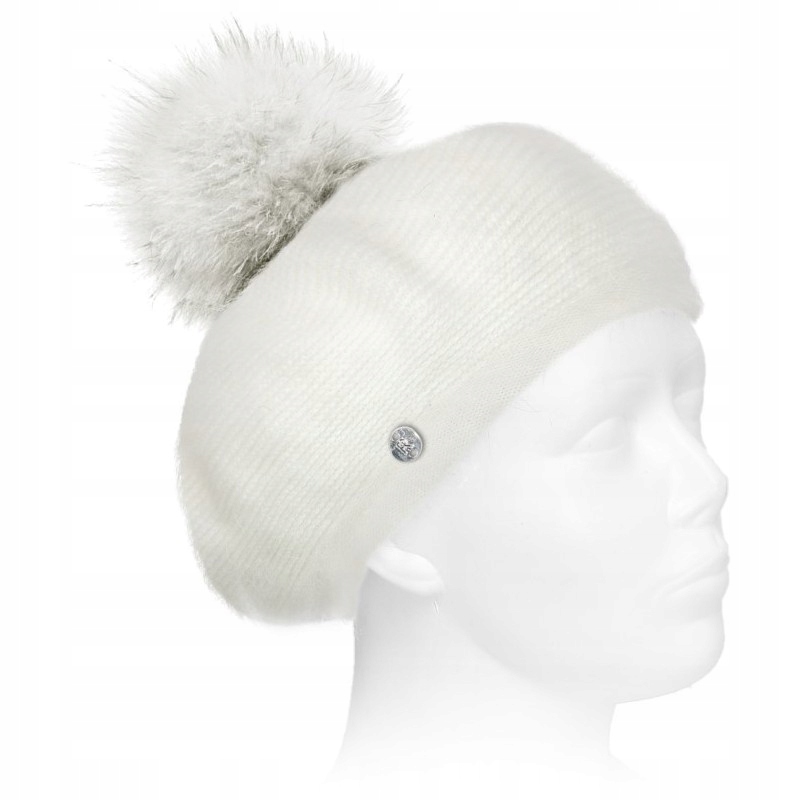 Beret Čepice dámská s přírodním bambulem Vlněná s Angorou Bílá polský