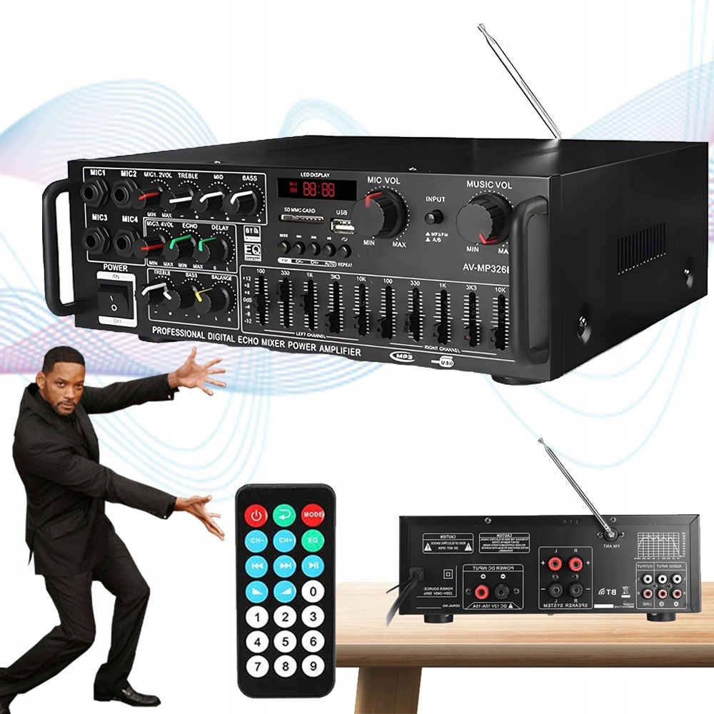 Zesilovač 2000W Bluetooth 5.0 Fm Rádio 4 Vstupy Pro Mikrofon Eq