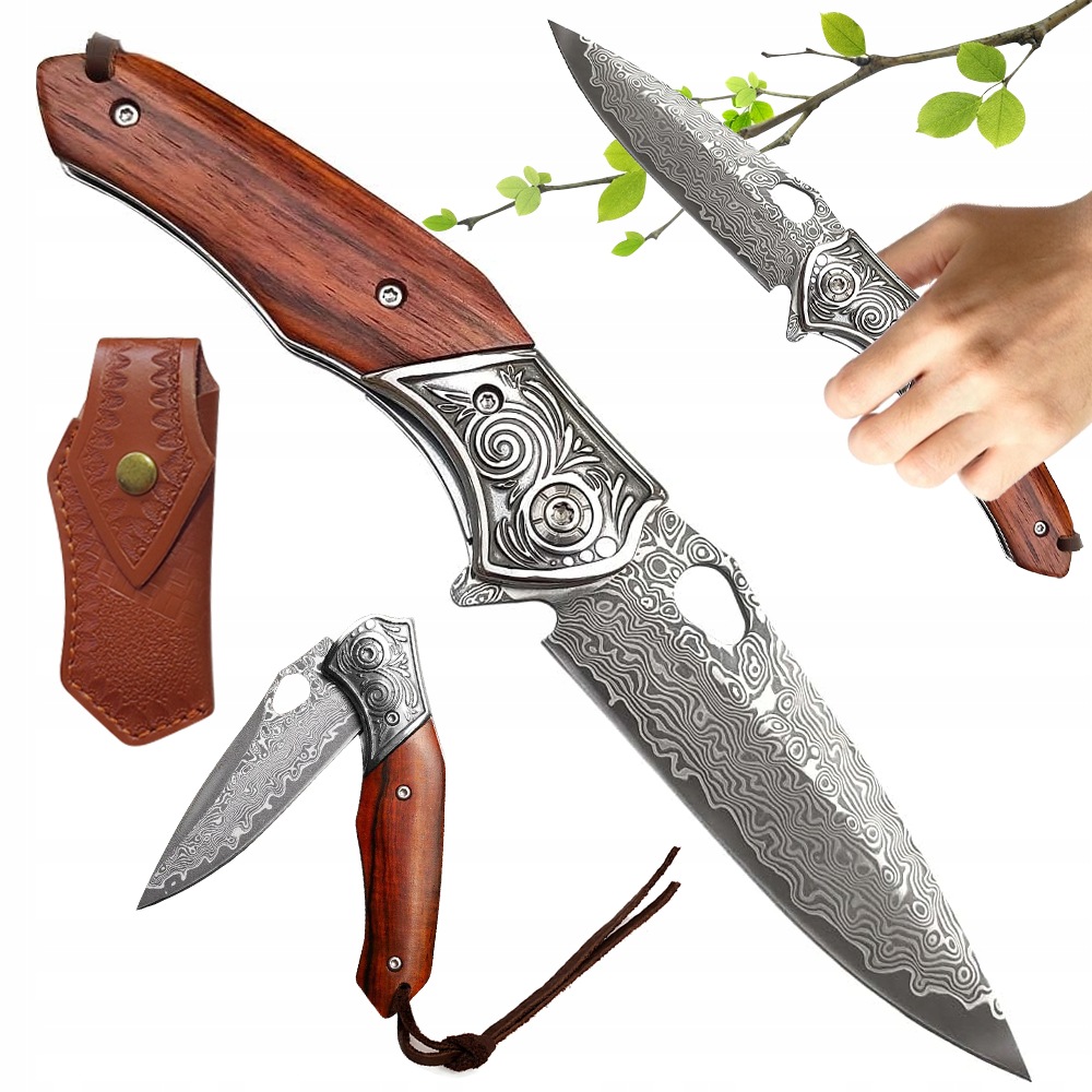Nůž Damascus 18 CM, Skládací, Dřevěná Rukojeť, Vysoká Kvalita