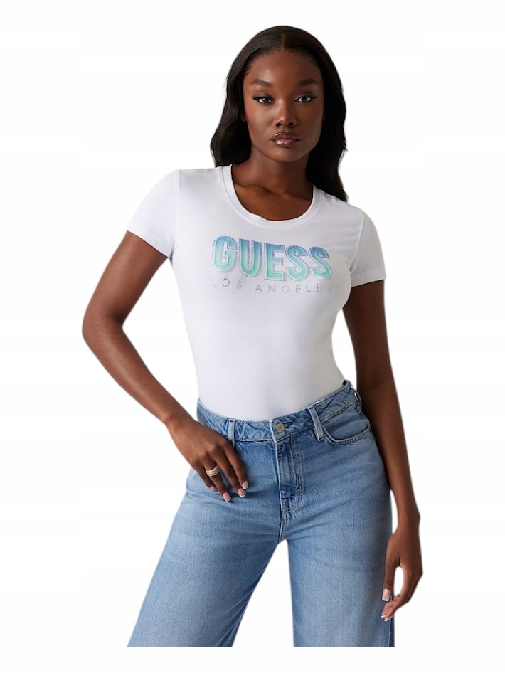 Guess Tričko Dámské Tričko Cn Ss Glitter Degrad Bílé vel. M