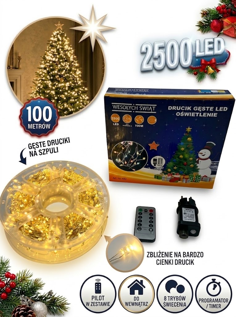 Vánoční Osvětlení Na Stromeček 100 m 2500 Led teplá bílá 8 režimů pro vnitřní použití