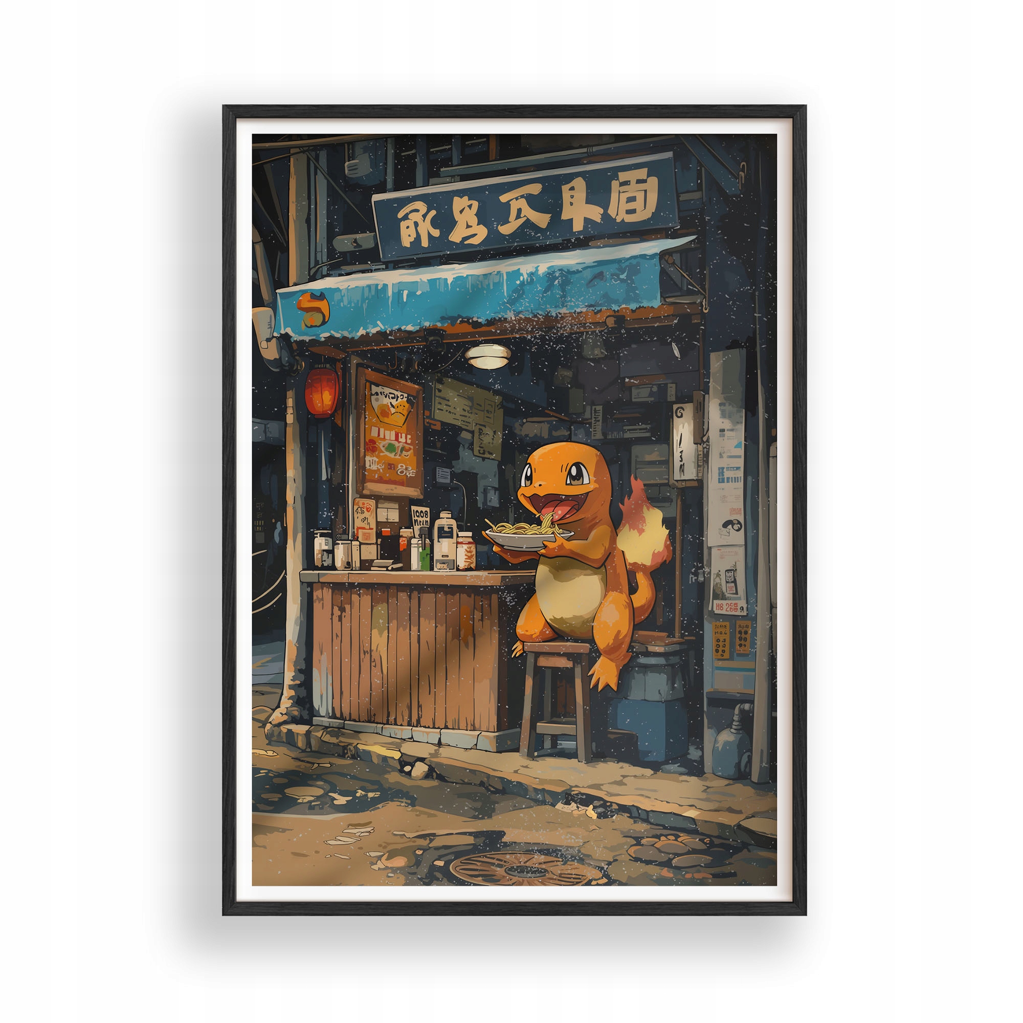 Obraz Pokémon Charmander Ramen Plakát Rámeček Dřevěný Černý 30x42 cm