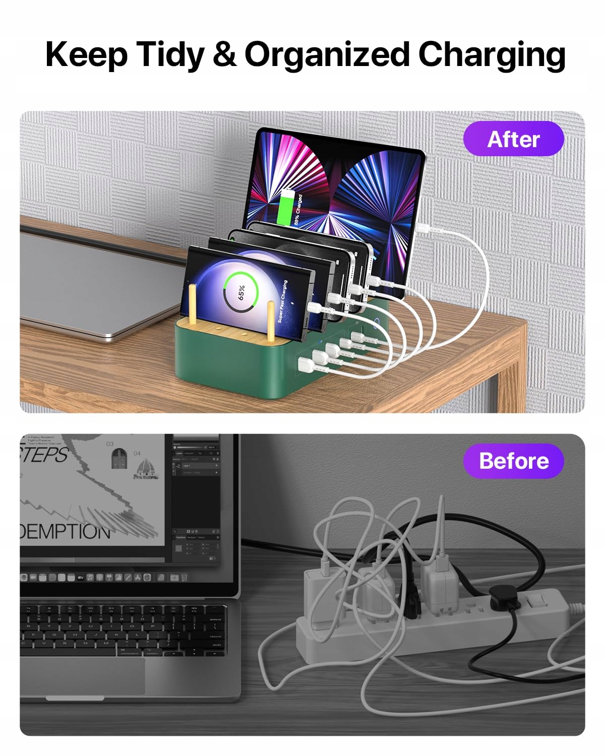 VISIONSYNC Stacja Ładowania USB-C 60W 6-Portowa Z Bambusa Zielona — miniatura 7