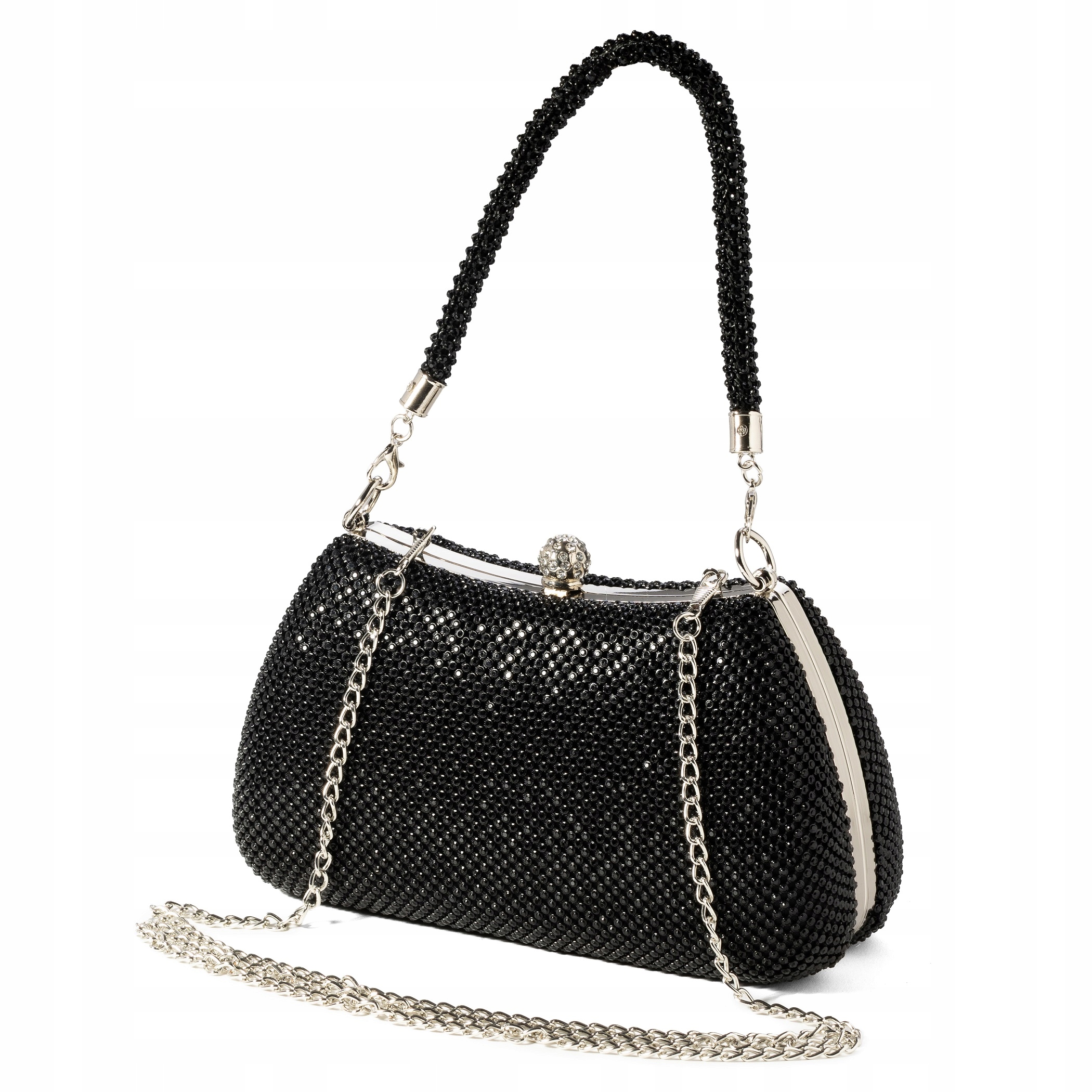 Dámská černá večerní kabelka s řetízkem na zirkony
