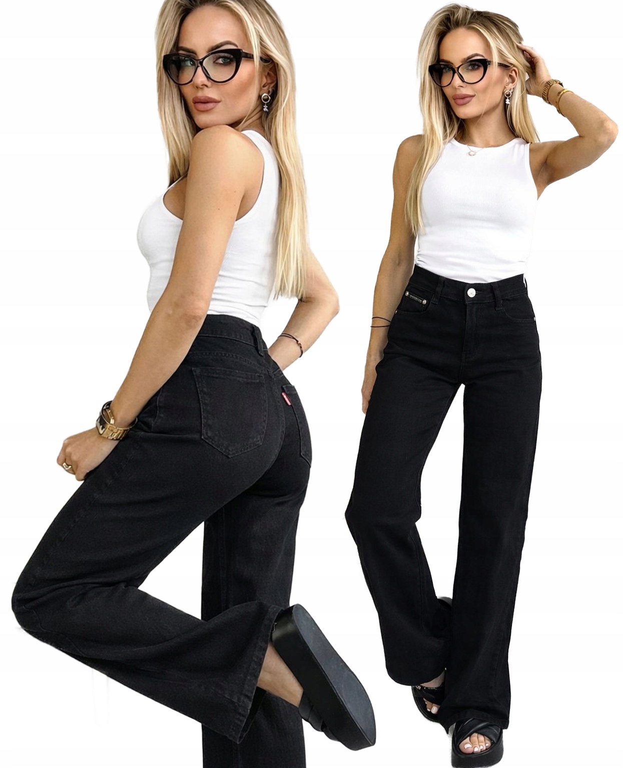 Czarne Spodnie damskie Jeansy wysoki stan Wide Leg Push-up M Kolorado