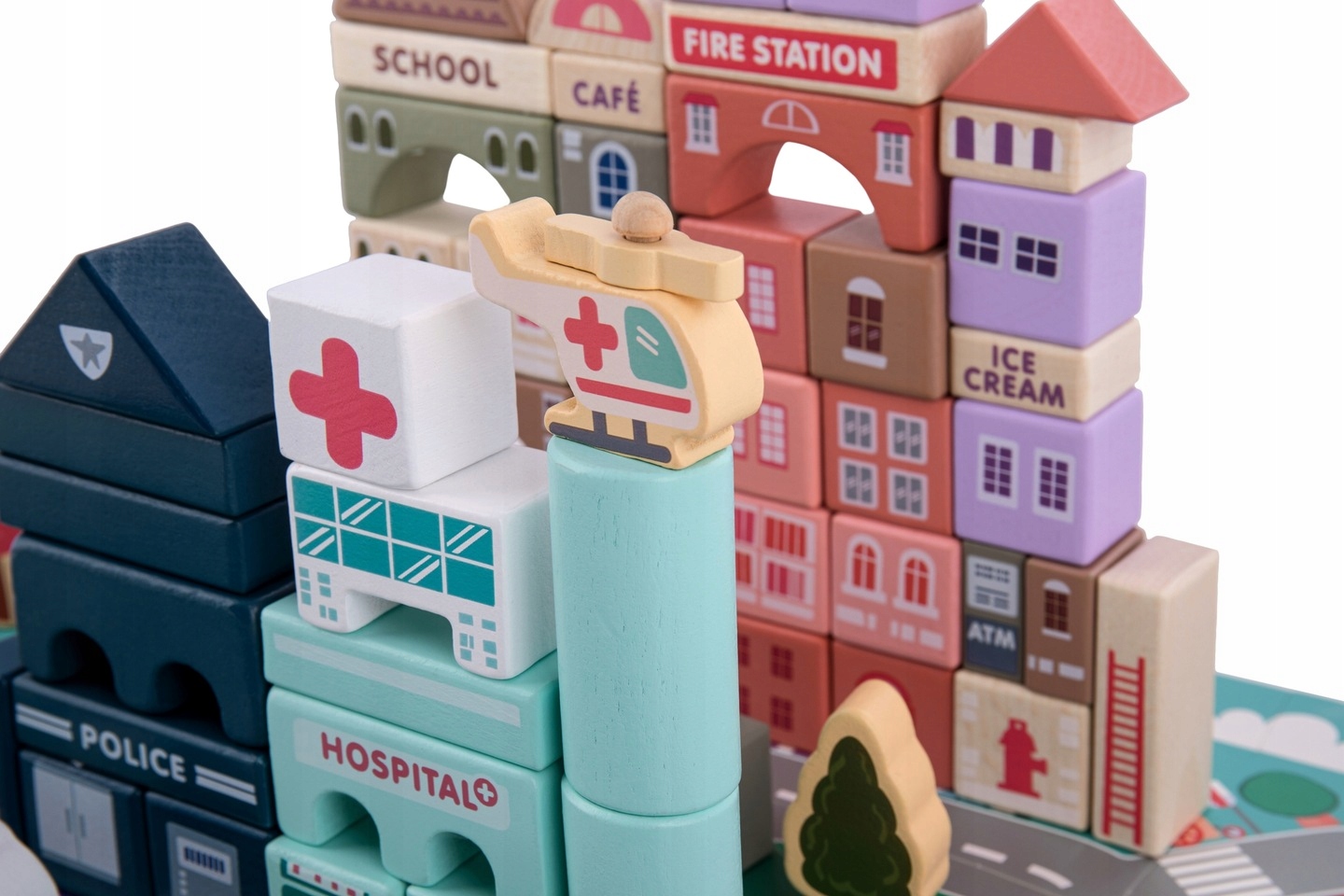 KLOCKI DREWNIANE MIASTO AUTA DUŻY ZESTAW MATA 136 ELEMENTÓW Marka Picollo