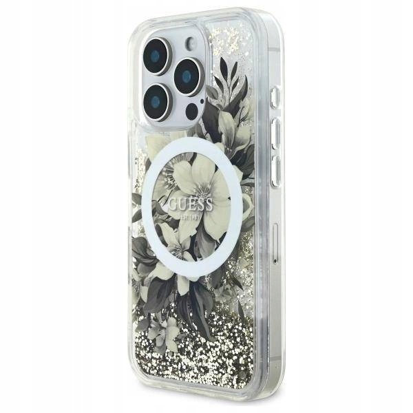 Pouzdro Guess Liquid Glitter Flower MagSafe pro iPhone 16 Pro
