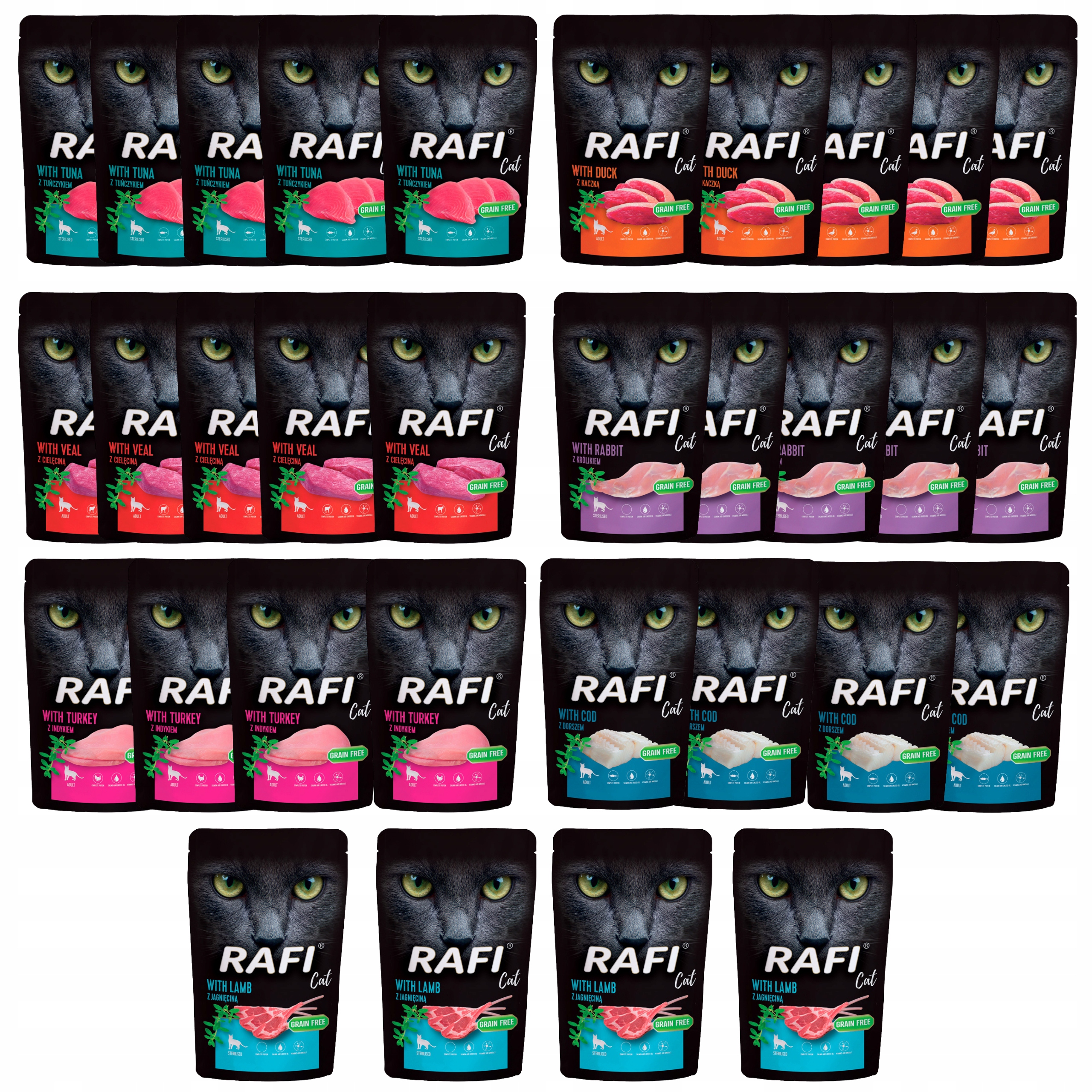 Rafi Cat Mokré krmivo pro kočky Dolina Noteci mix chutí 32 x 100 g bez obilovin