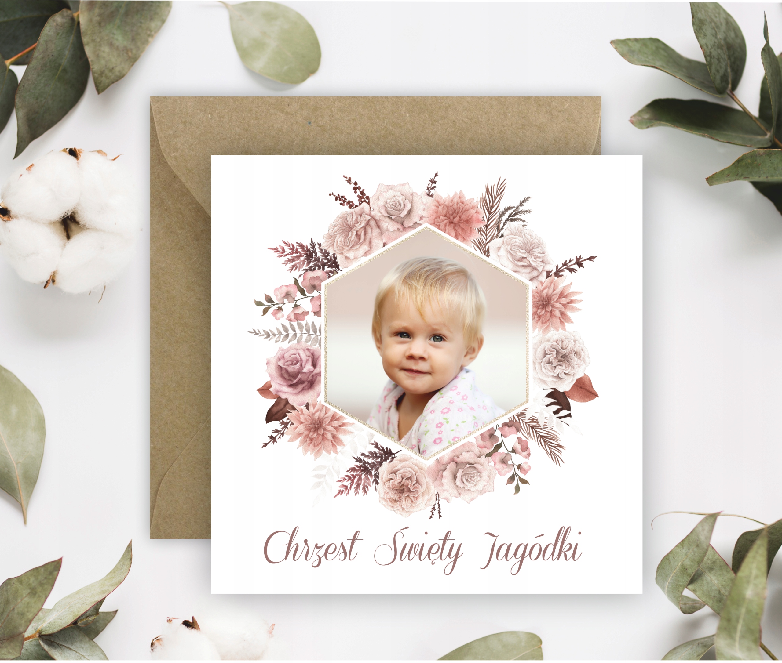 ZAPROSZENIA NA CHRZEST - ZE ZDJĘCIEM - BOHO - IMIĘ Wysokość produktu 14 cm