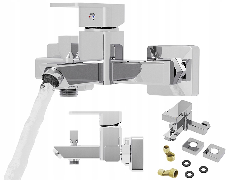 Vaňová Nástenná batéria Štvorcová kúpeľňová strieborná s hadicovou prípojkou Caro