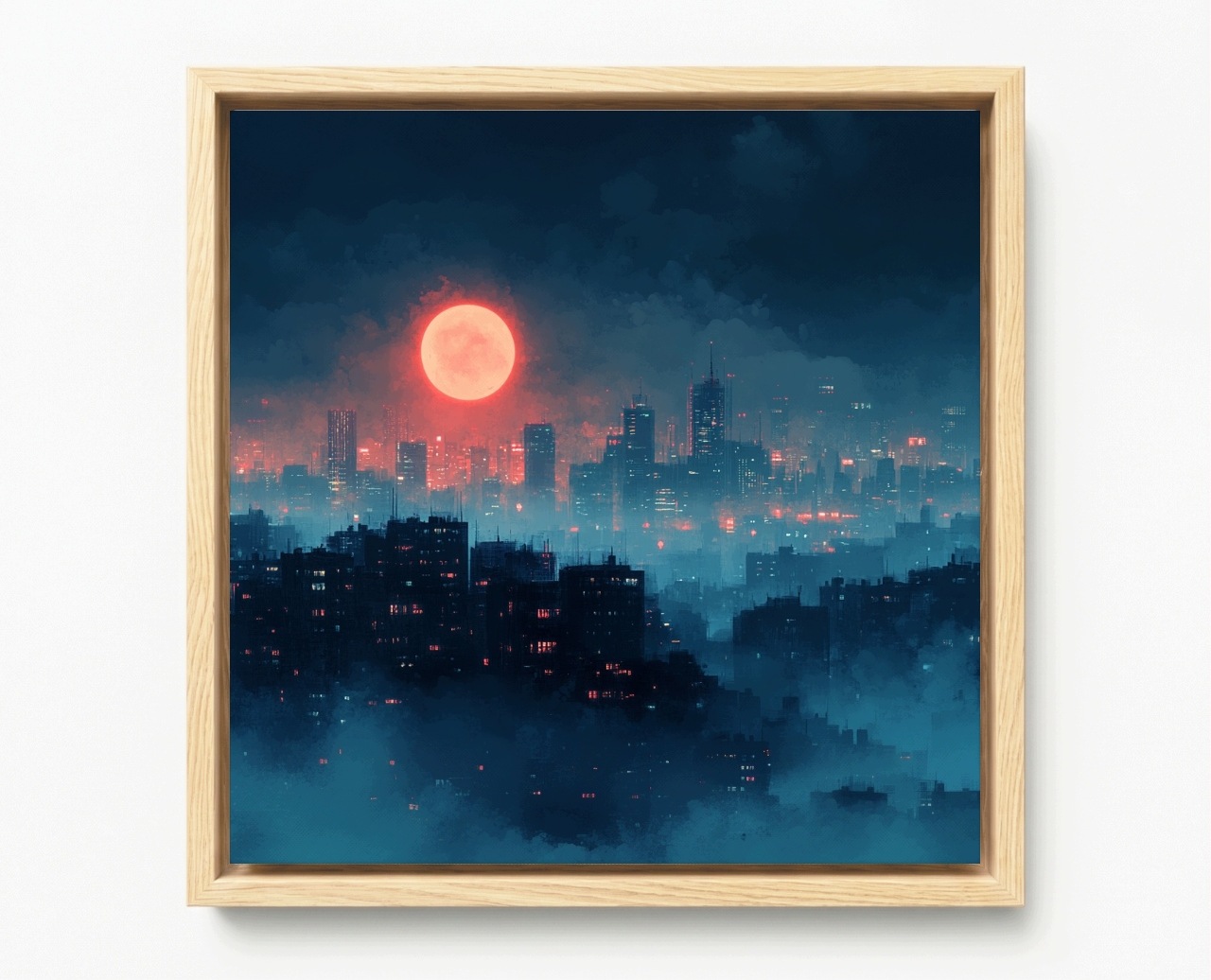 Obraz Rám Americký Box Město Mrakodrapy Bloky Noc Červený Měsíc 50x50