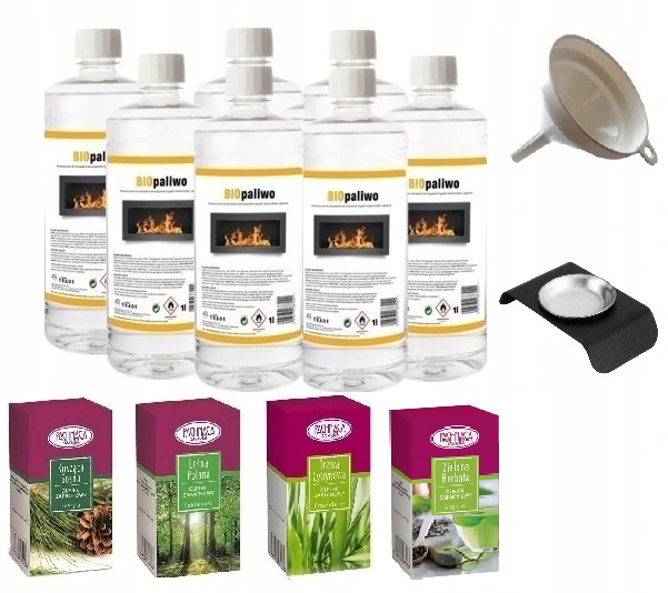ZESTAW 7L BIOPALIWO bioetanol 4 olejki do aromaterapii + pojemnik
